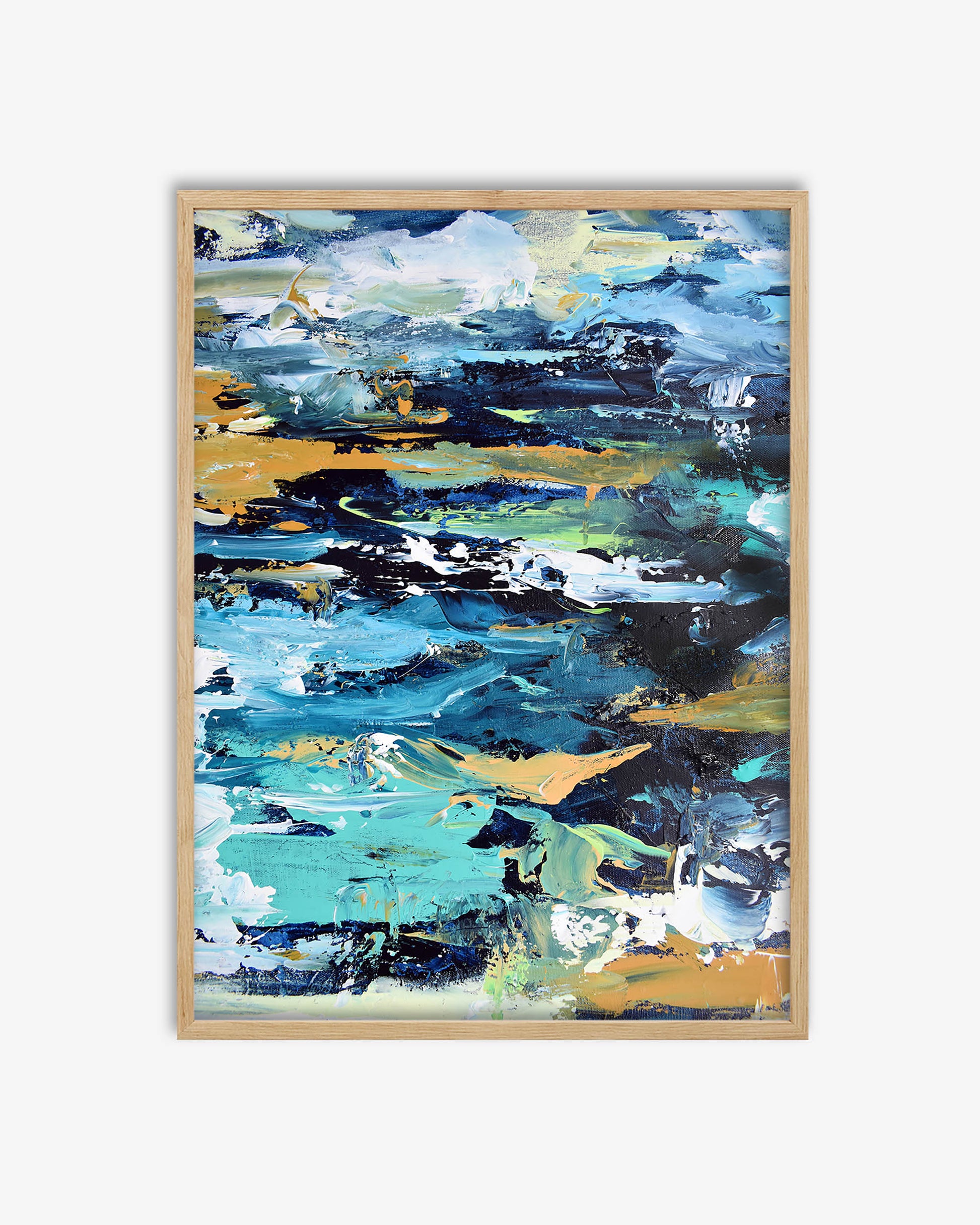 Abstract painting with blue, green, and yellow colors in a wooden frame on a white background