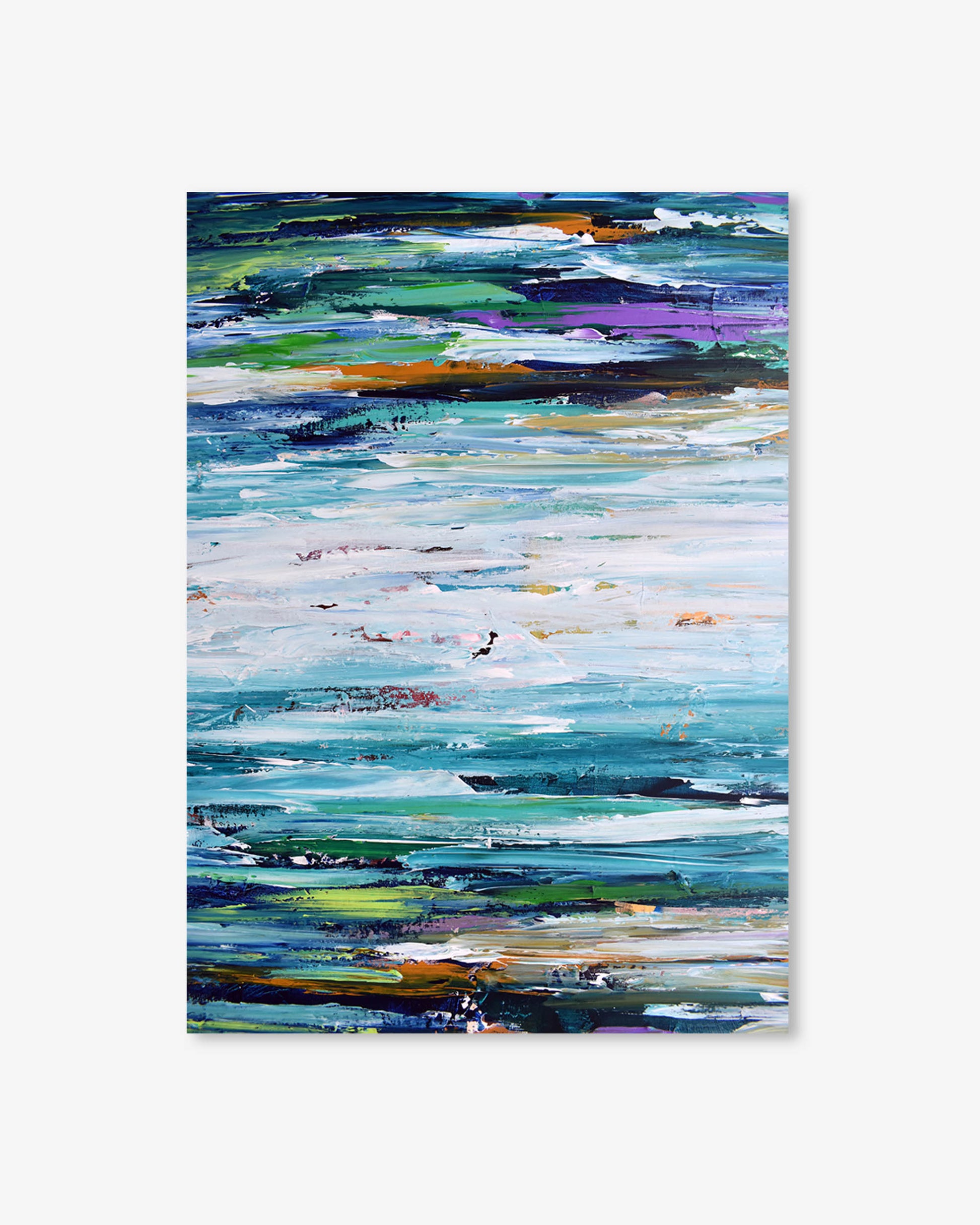 Abstract art print with horizontal stripes in various colors on a white background