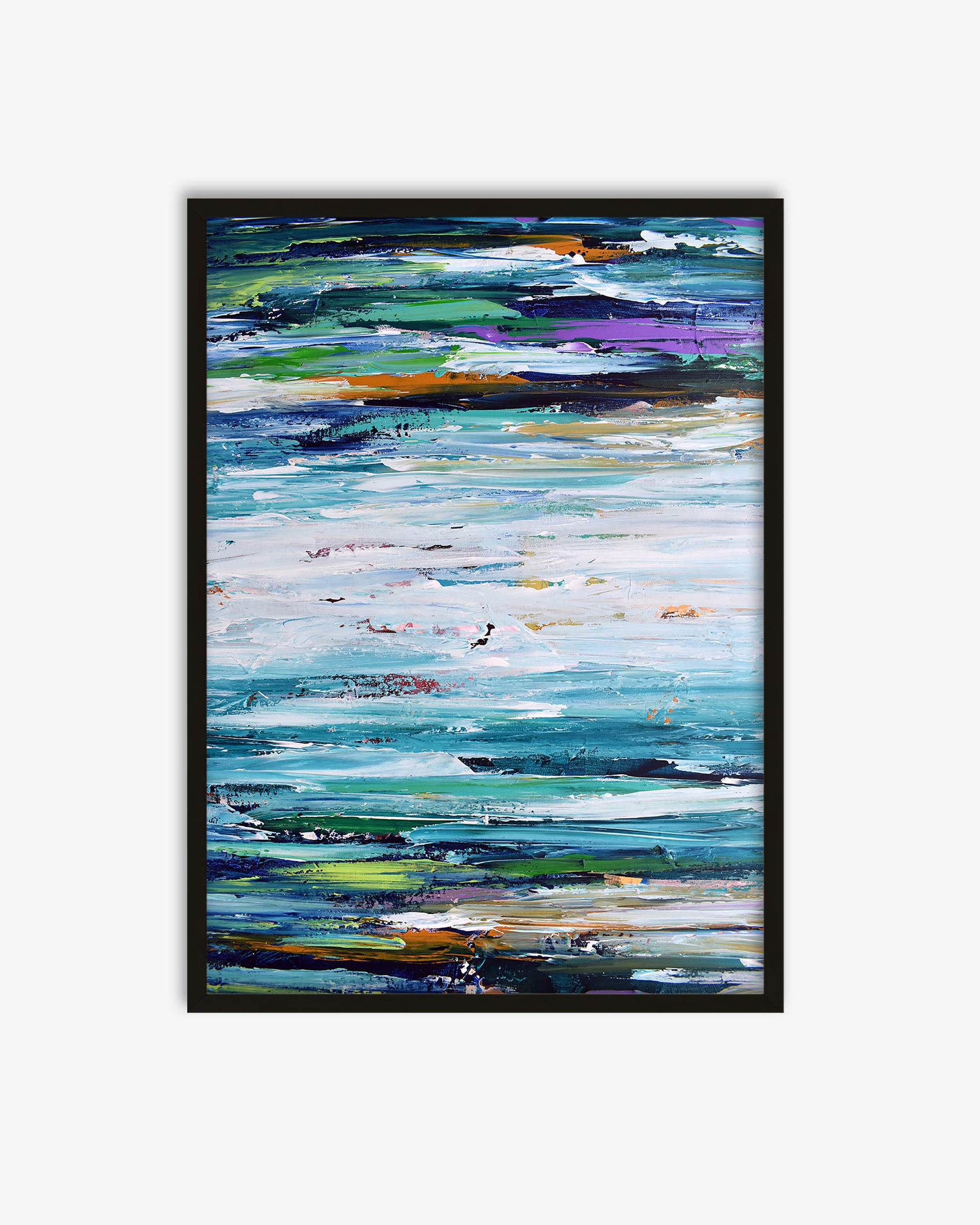 Framed abstract painting with colorful brush strokes on a white background