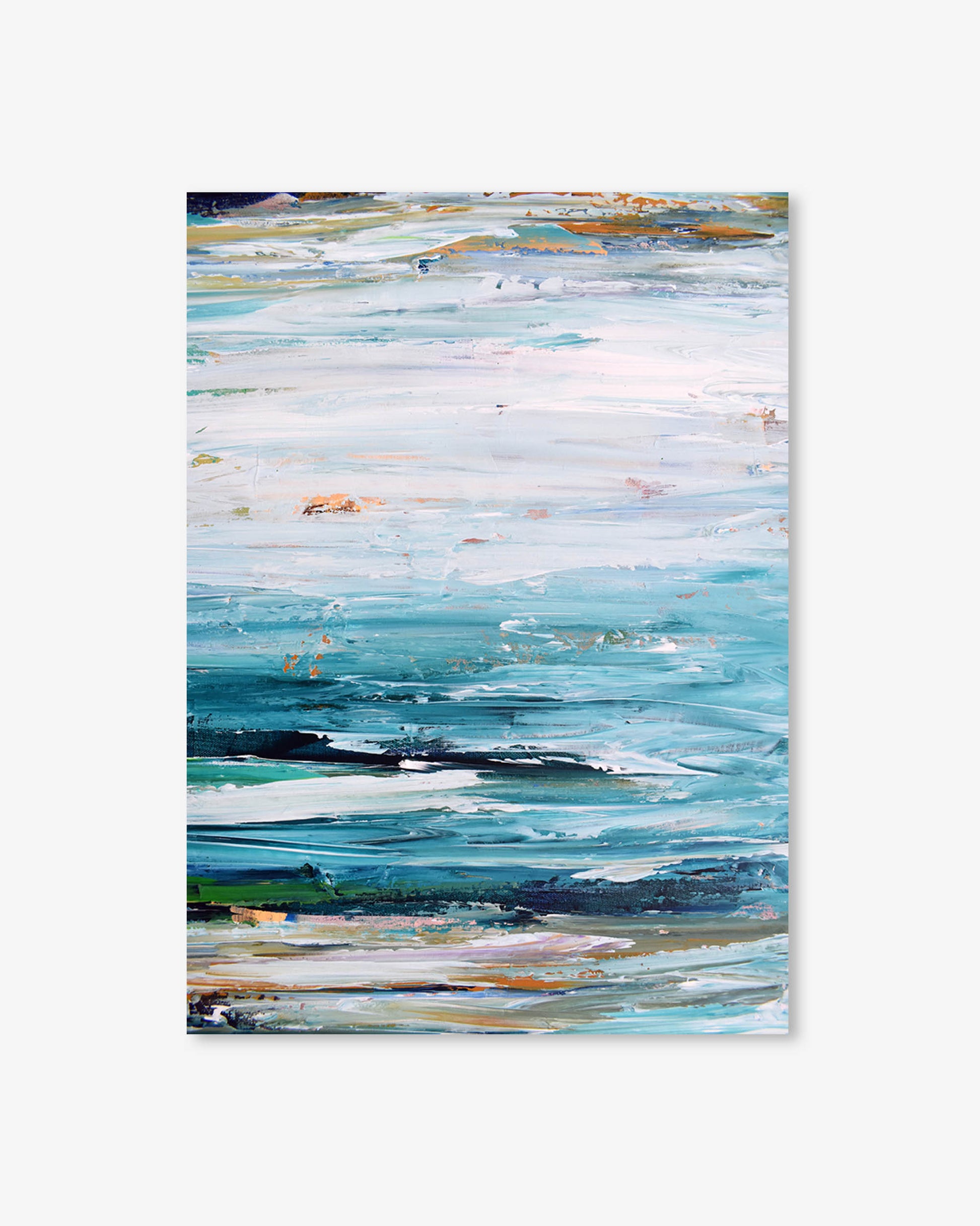 Abstract painting with horizontal brush strokes in various shades of blue, green, and brown on a white background.