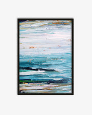 Framed abstract painting with blue and green tones on a white background