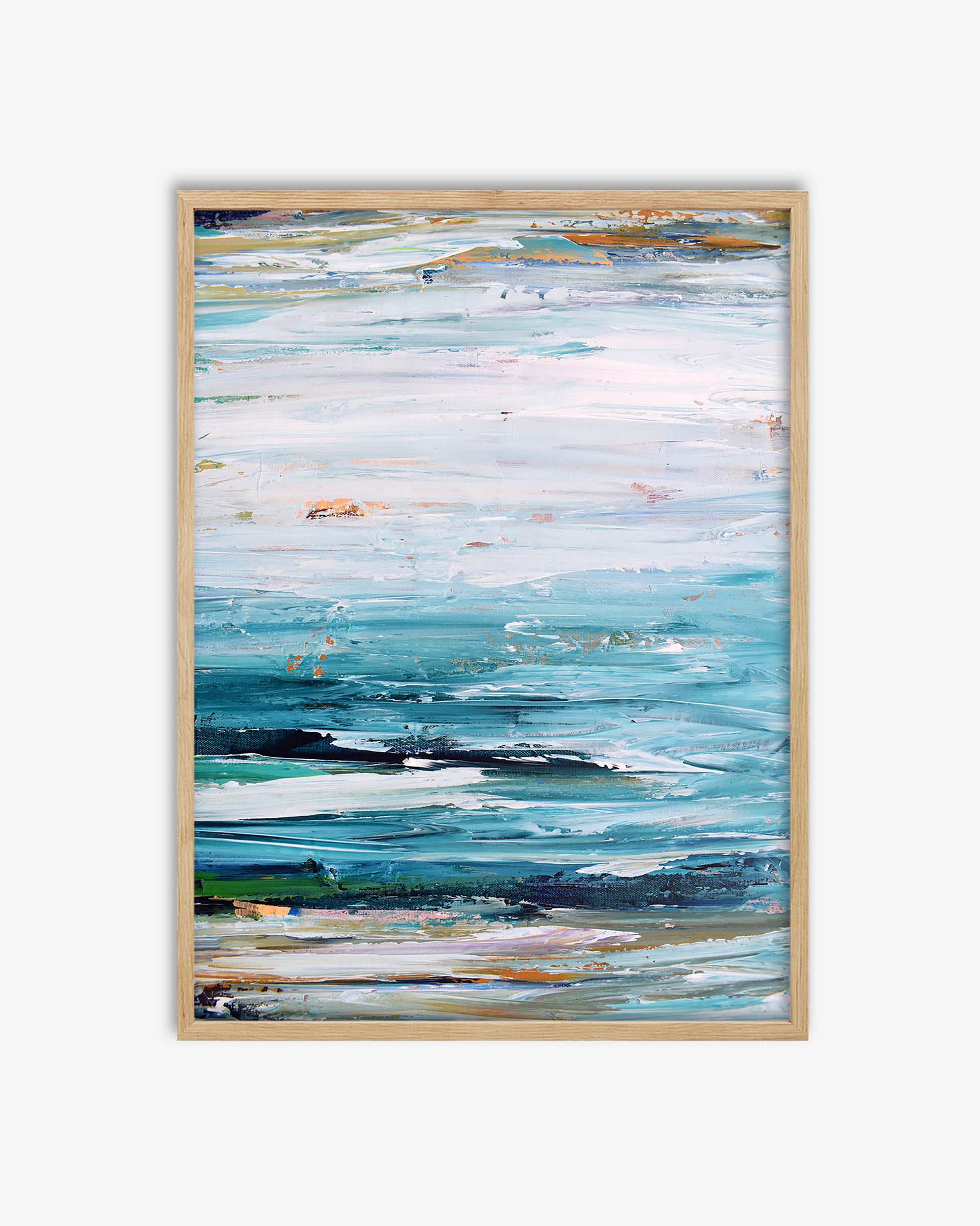 Framed abstract artwork with blue and green tones on a white background