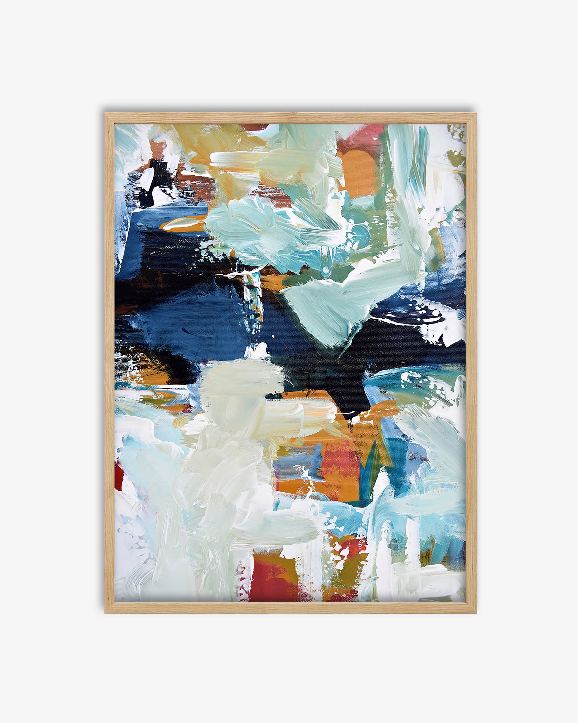 Abstract art print with a wooden frame on a white background