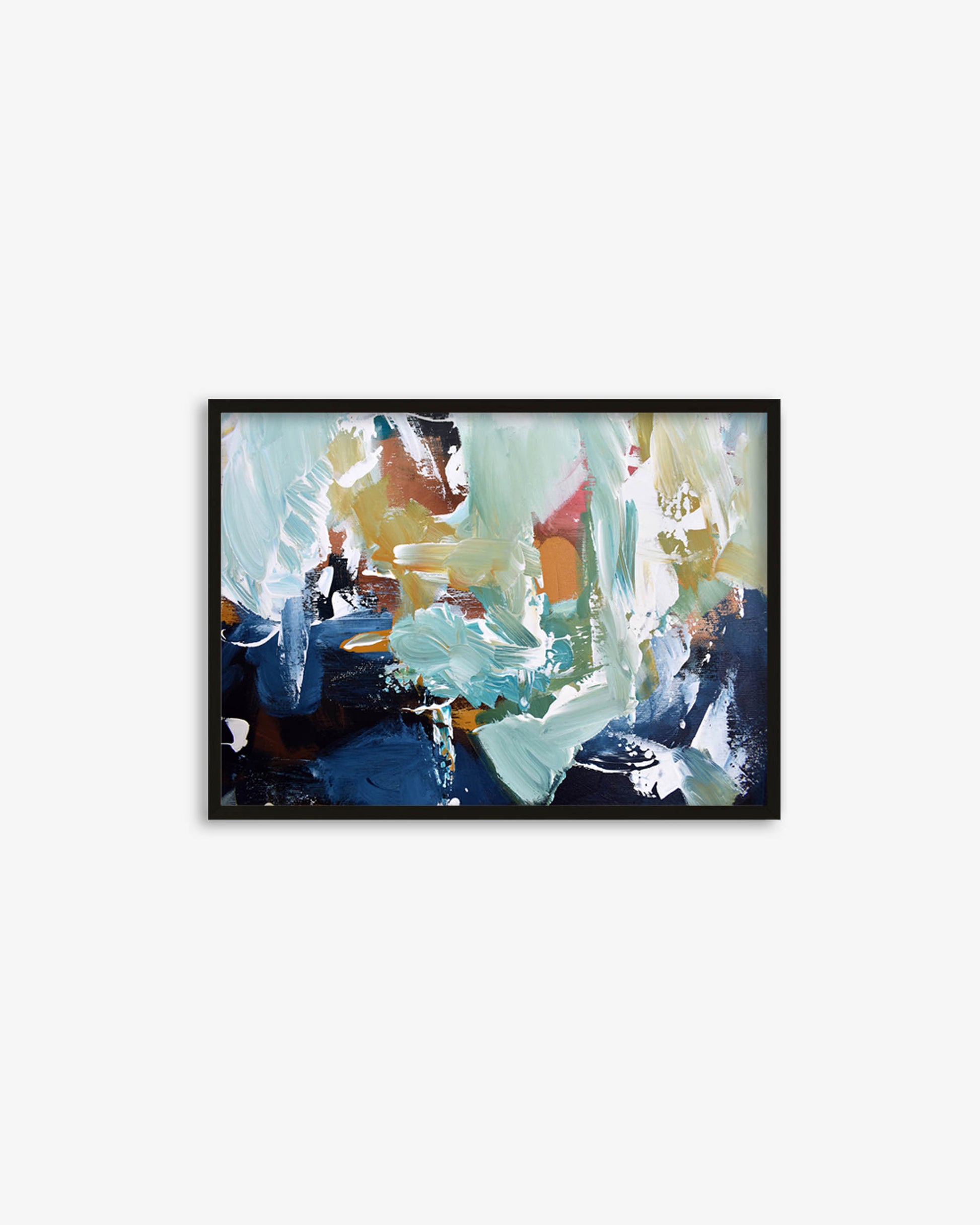 Framed abstract painting with colorful brush strokes on a white background