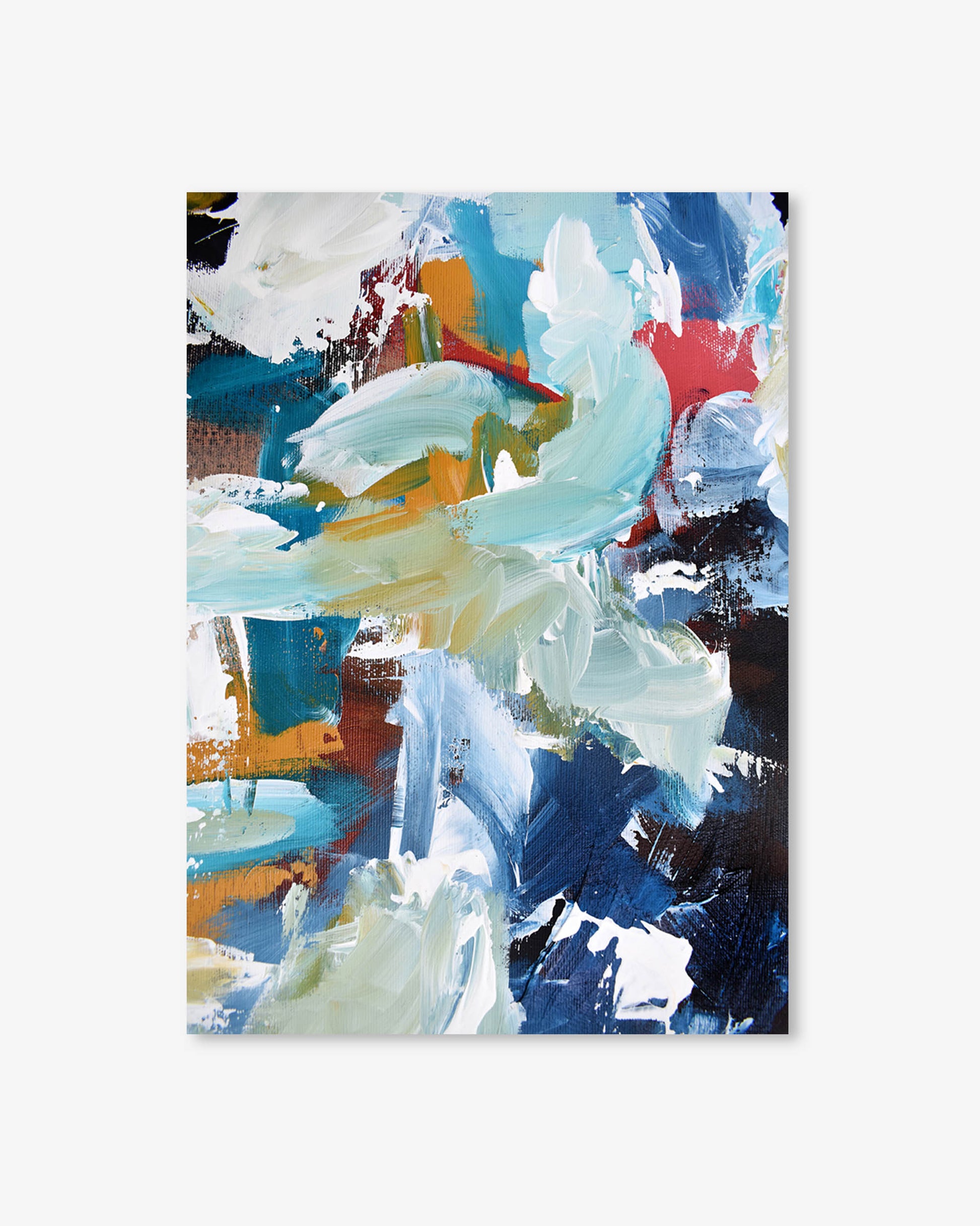 Abstract painting with a mix of blue, white, and multicolor on a white background