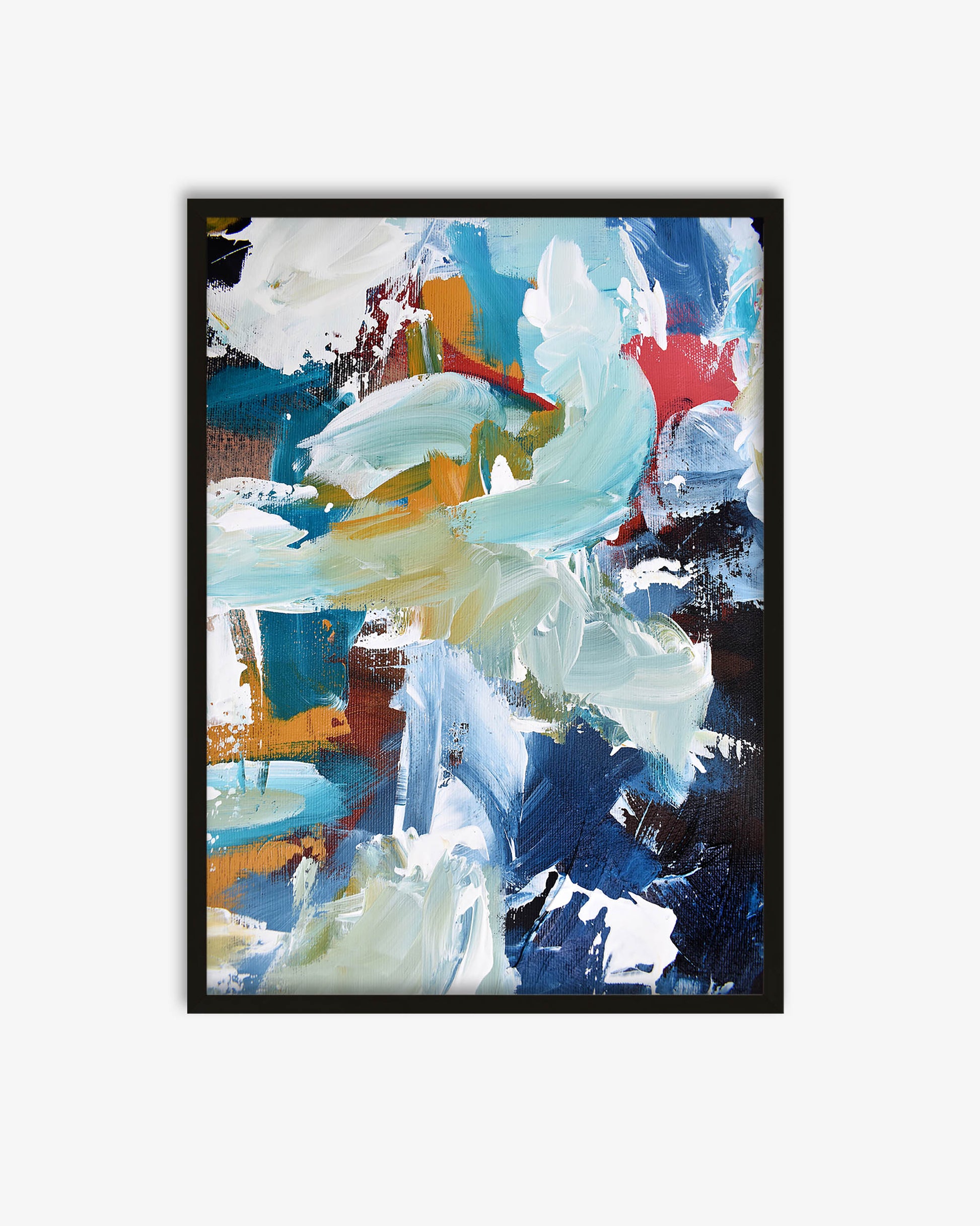 Abstract painting with colorful brush strokes in a black frame on a white background