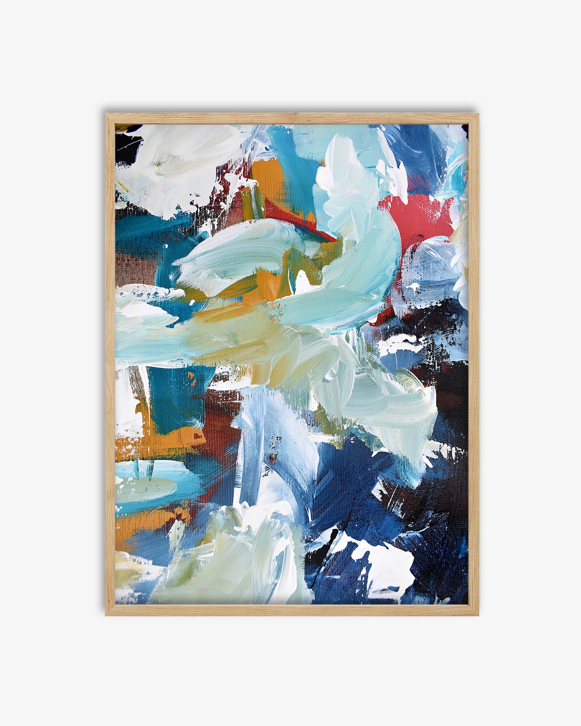 Abstract painting with colorful brush strokes in a wooden frame on a white background