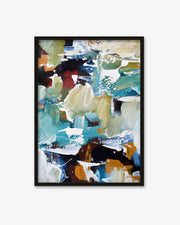 Abstract art print with colorful brush strokes in a black frame on a white background