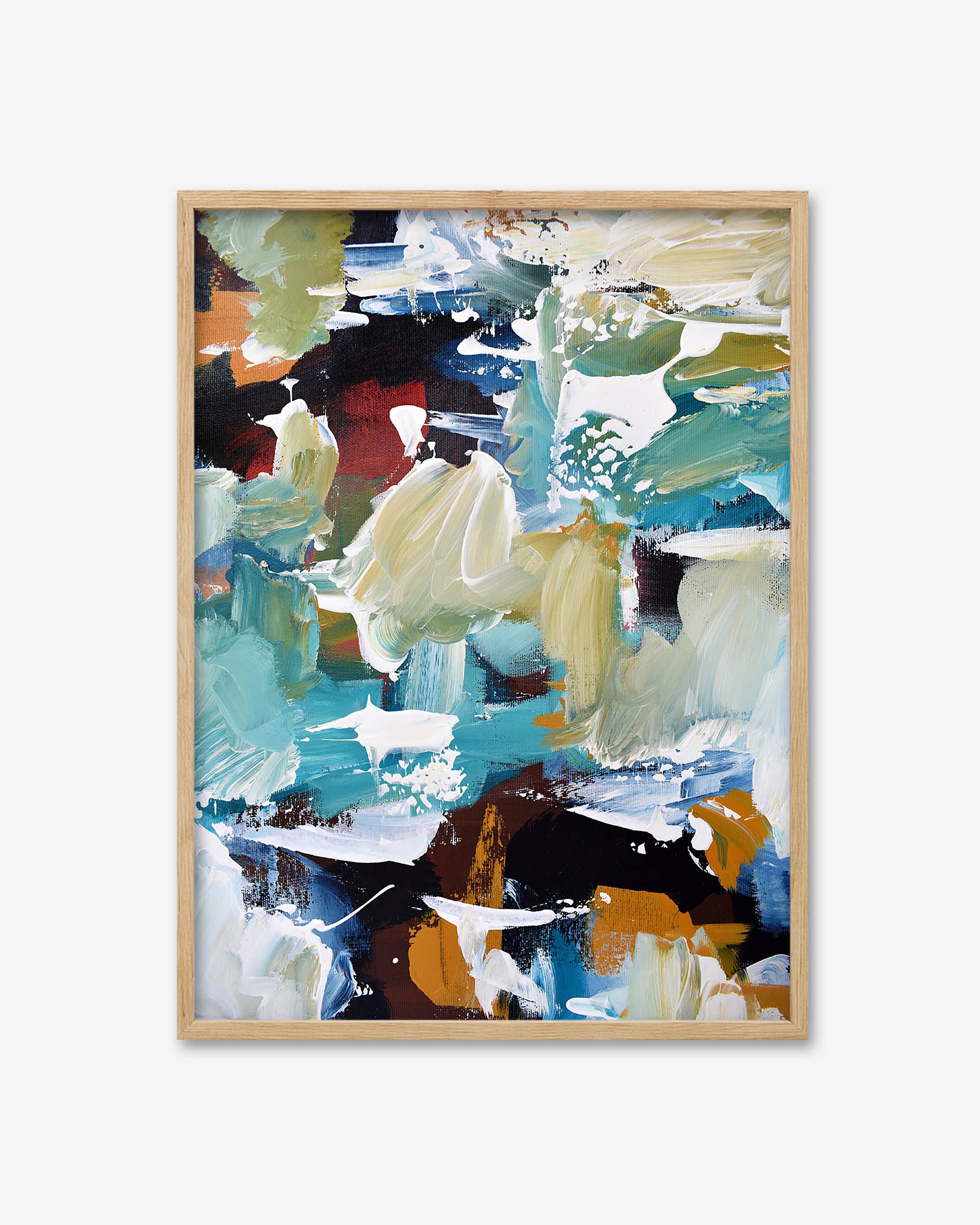 Abstract art print in a wooden frame on a white background