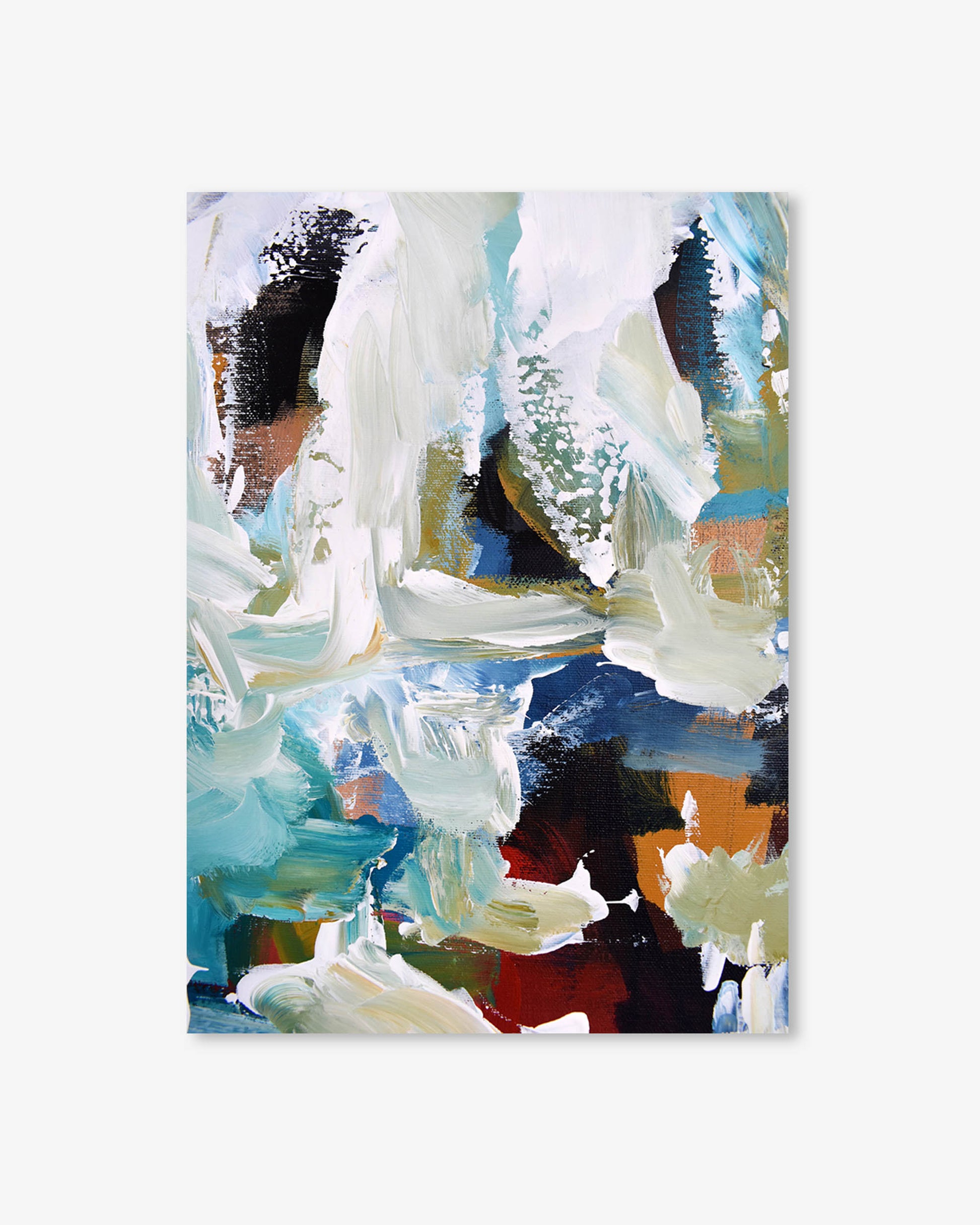 Abstract painting with a mix of white, blue, and black colors on a white background