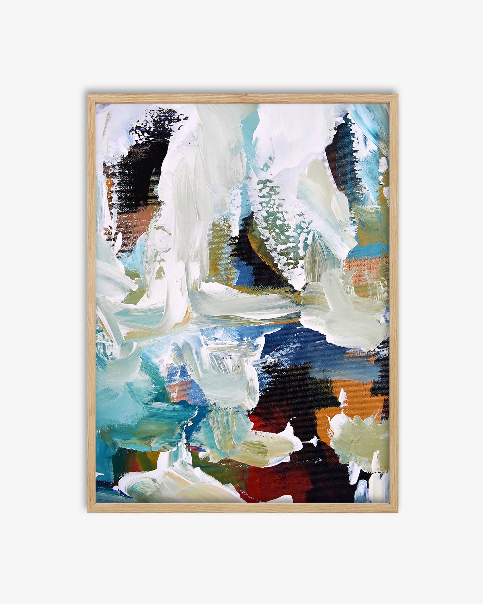 Abstract art print in a wooden frame on a white background