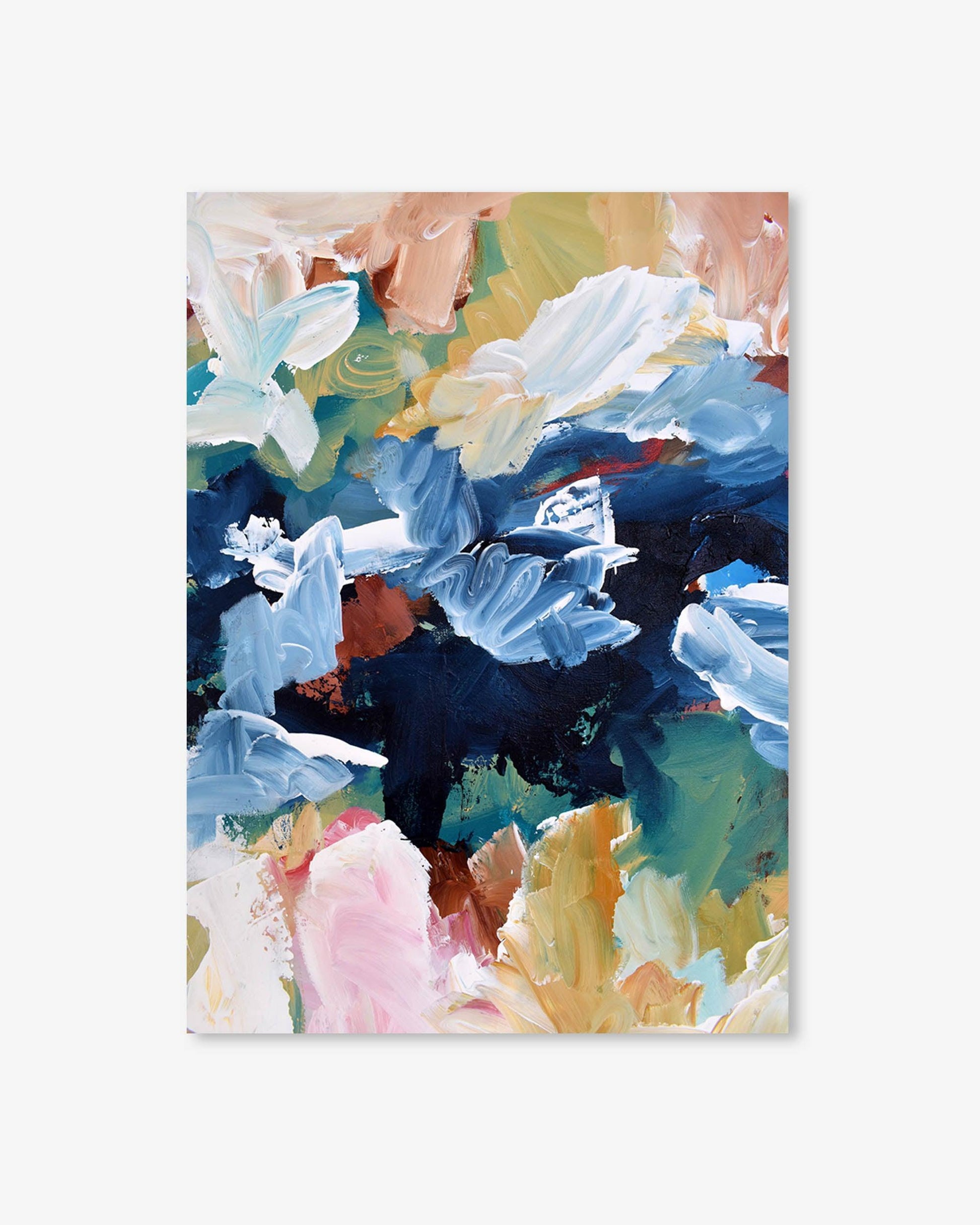 Abstract painting with colorful floral design on a white background