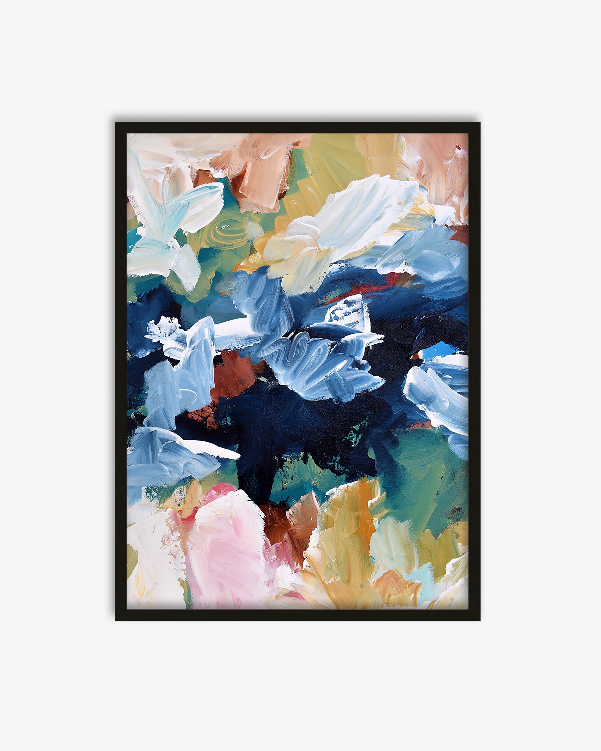 Framed abstract art print with colorful floral design on a white background