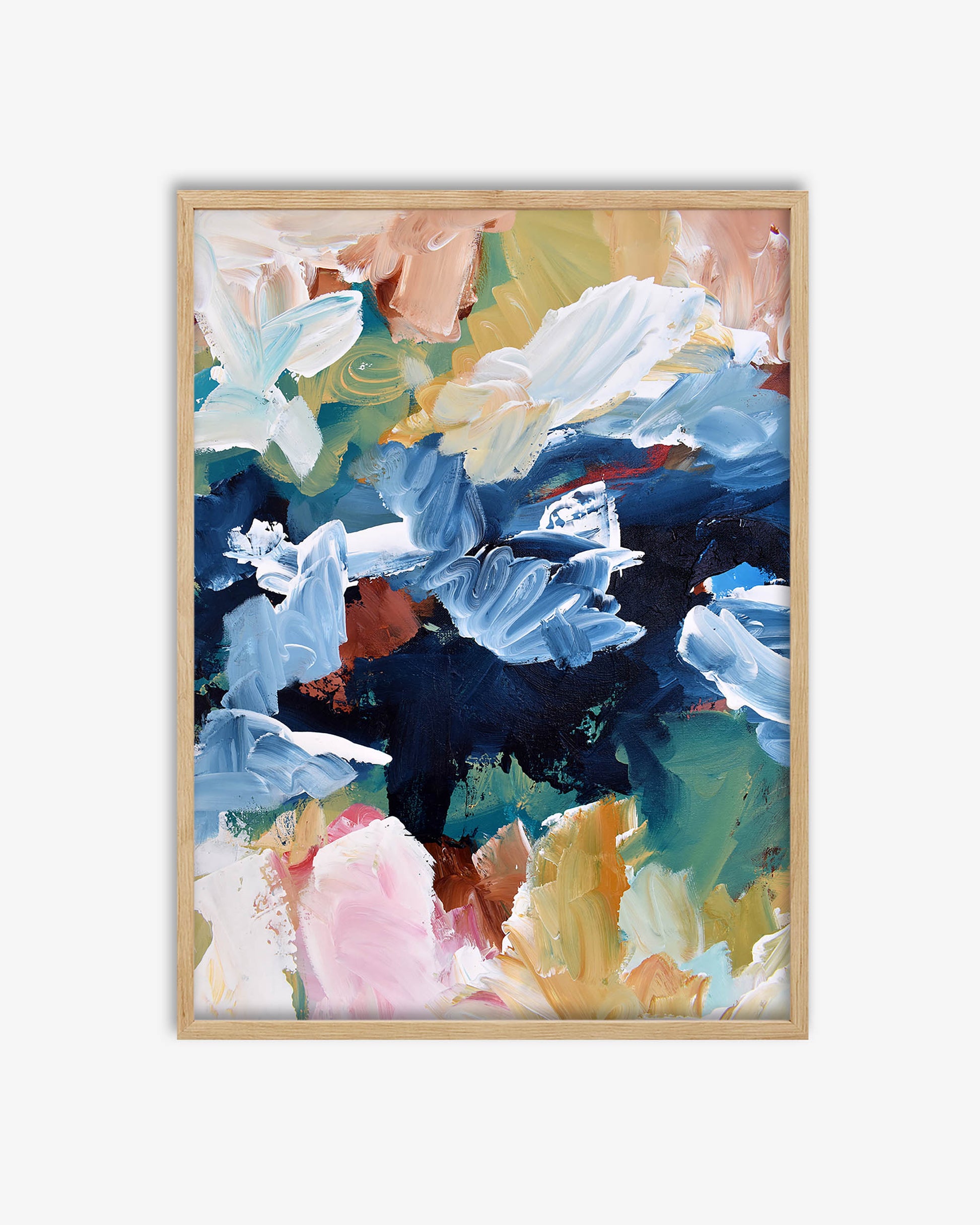 Framed abstract artwork with colorful floral design on a white background