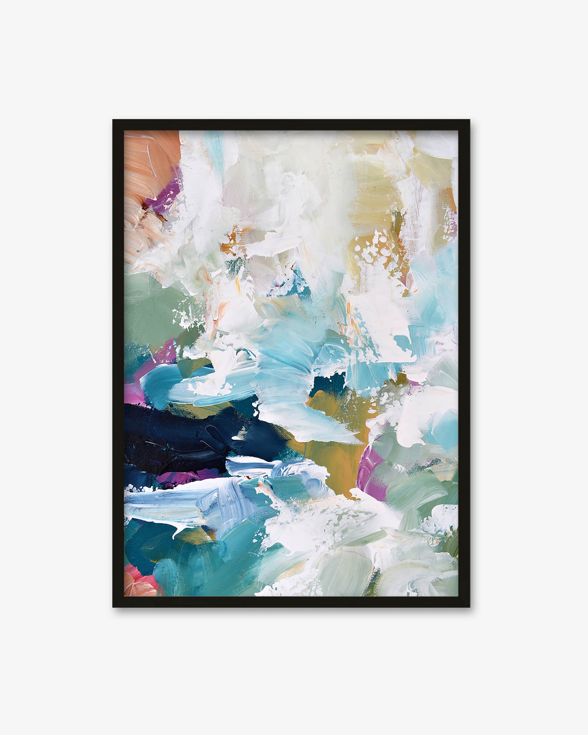 Framed abstract art print with multicolored brush strokes on a white background