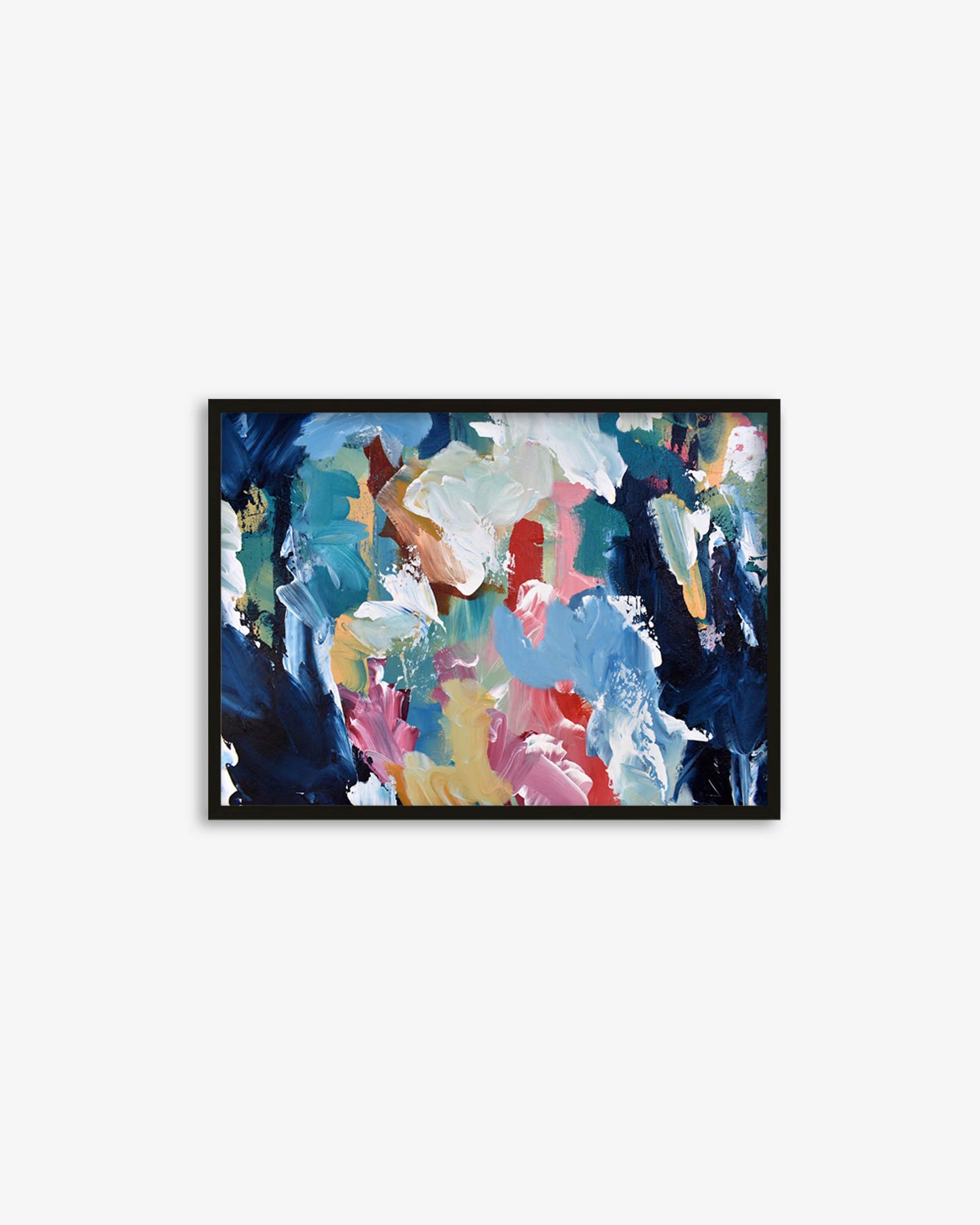 Framed abstract painting with multicolors on a white background