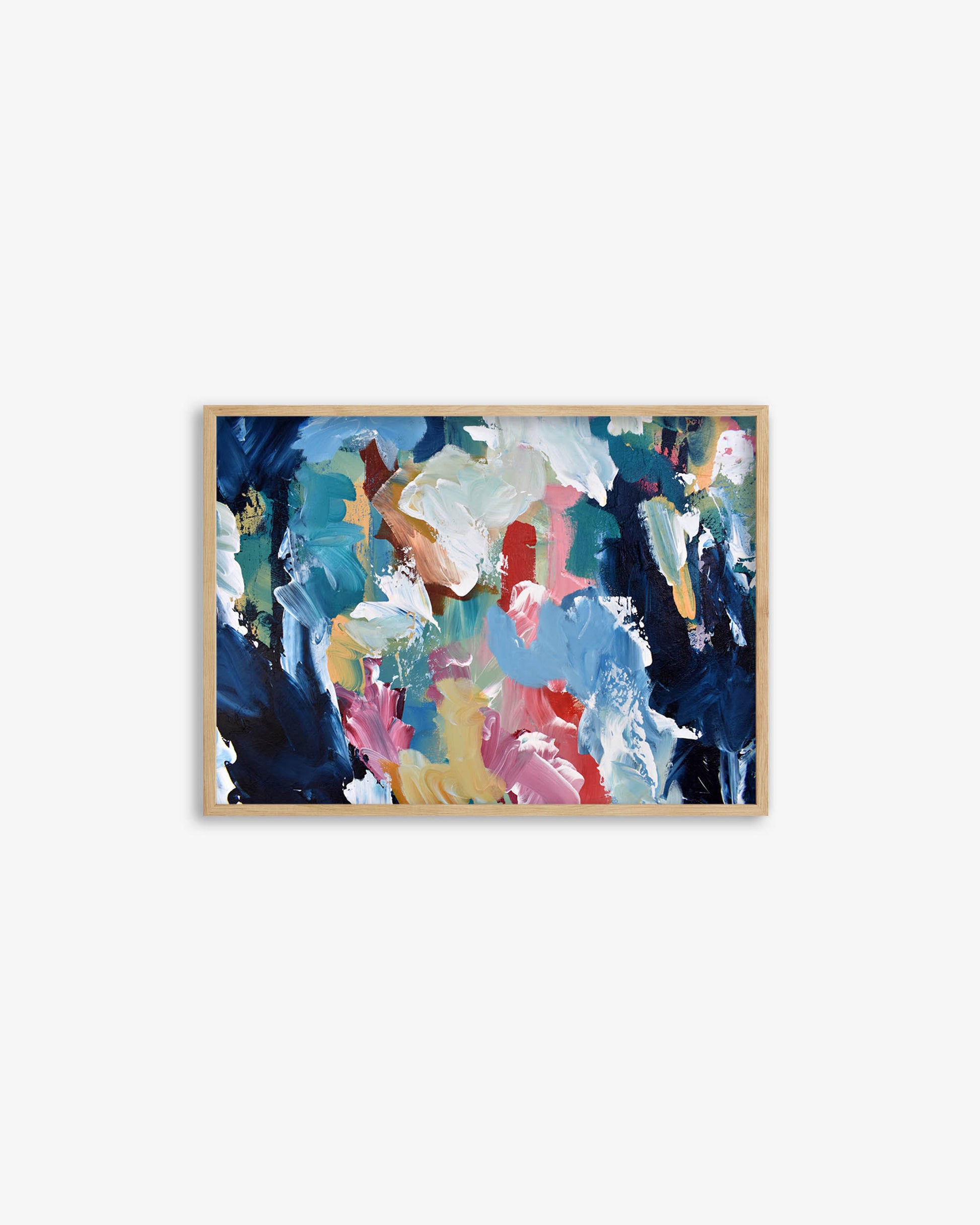 Framed abstract art with colorful brush strokes on a white background