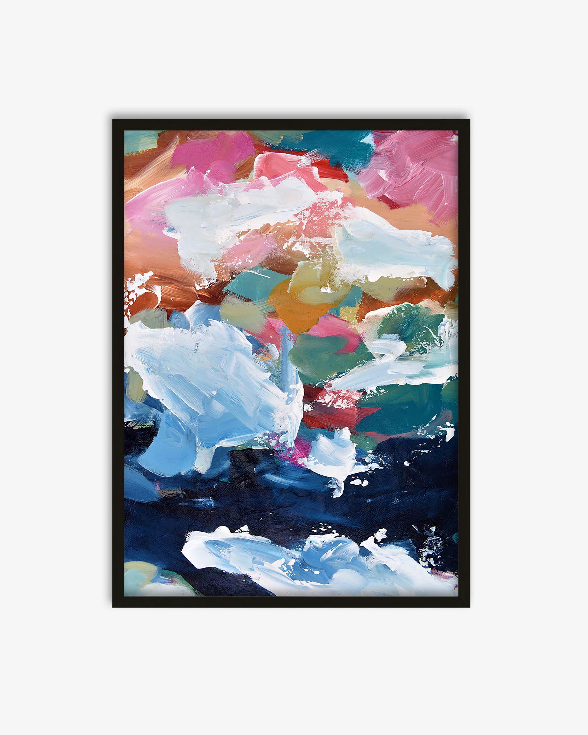 Abstract art print with colorful brush strokes in a black frame on a white background