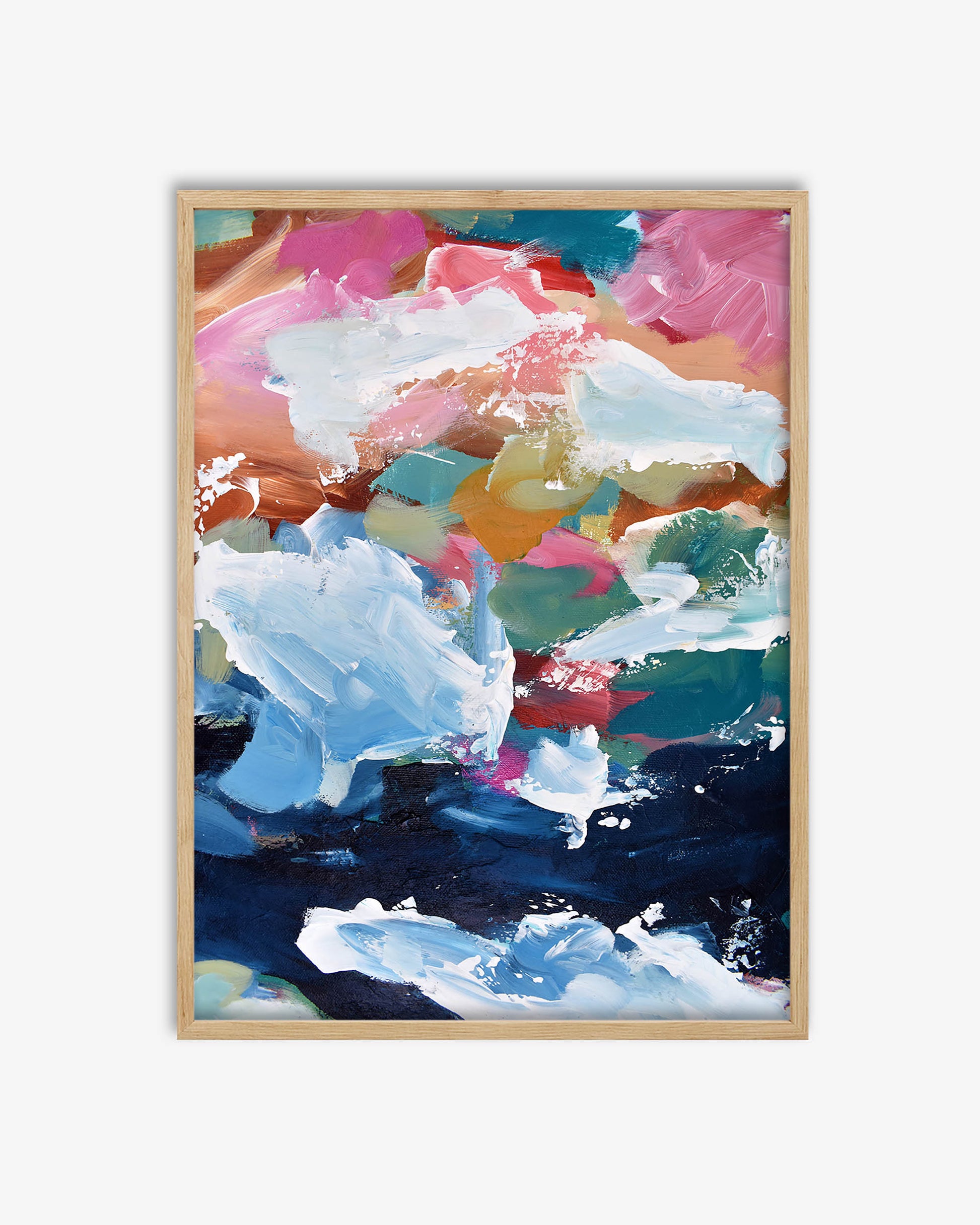 Framed abstract painting with colorful brush strokes on a white background