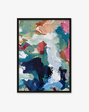 Framed abstract painting with colorful brush strokes on a white wall