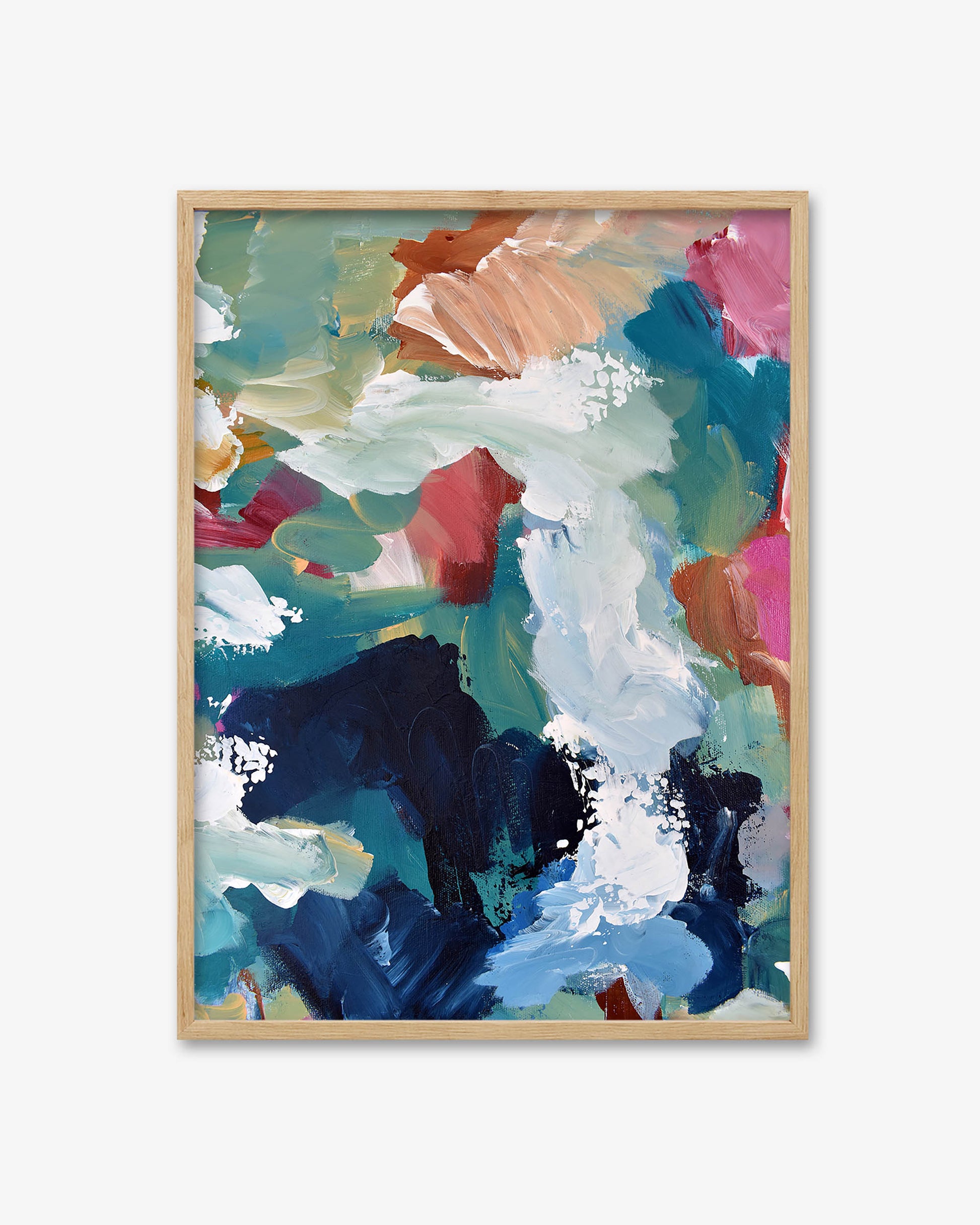 Abstract painting with colorful brush strokes in a wooden frame on a white background