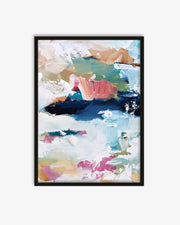 Framed abstract art print with colorful brush strokes on a white background