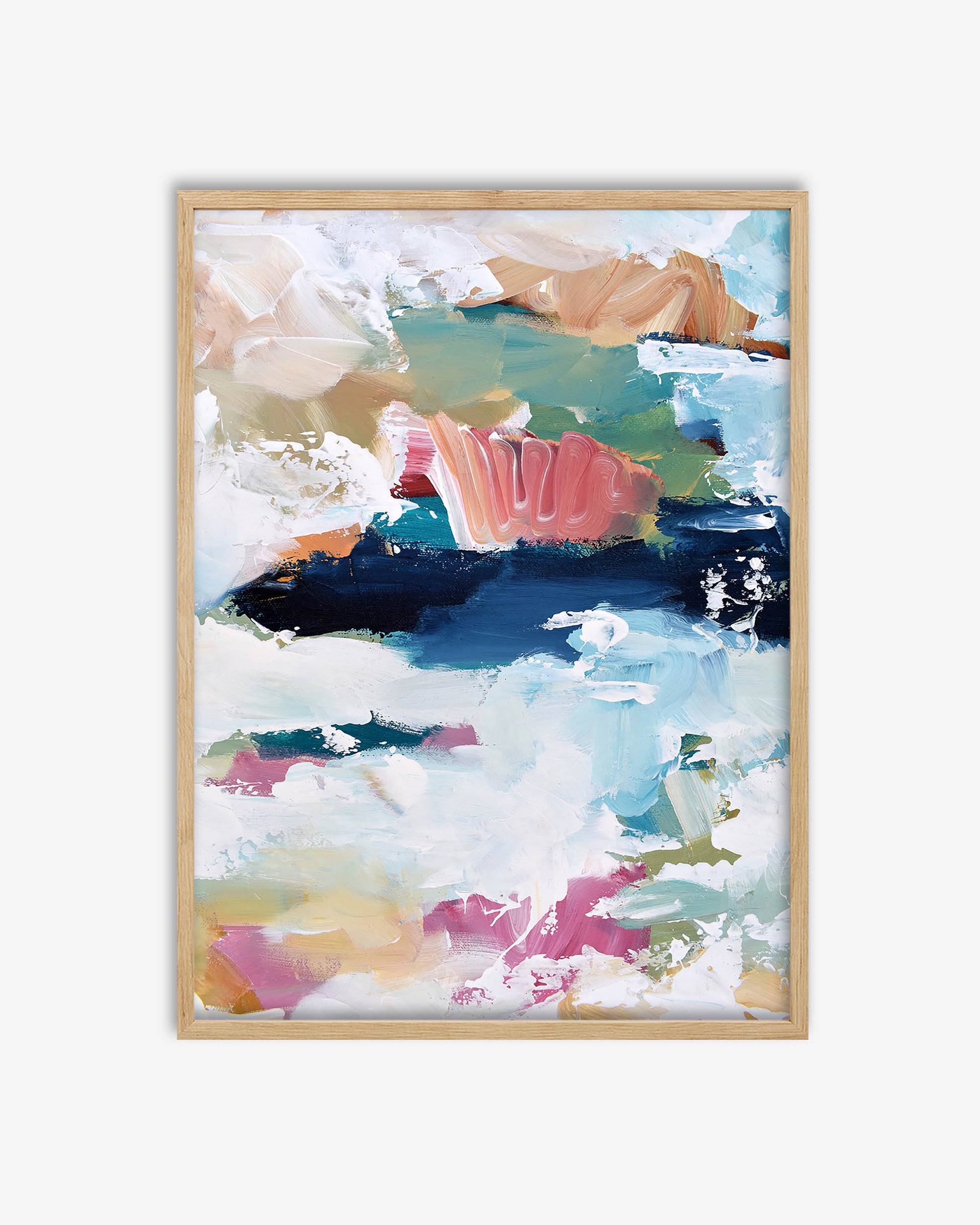 Abstract art print with colorful watercolor design in a wooden frame on a white background