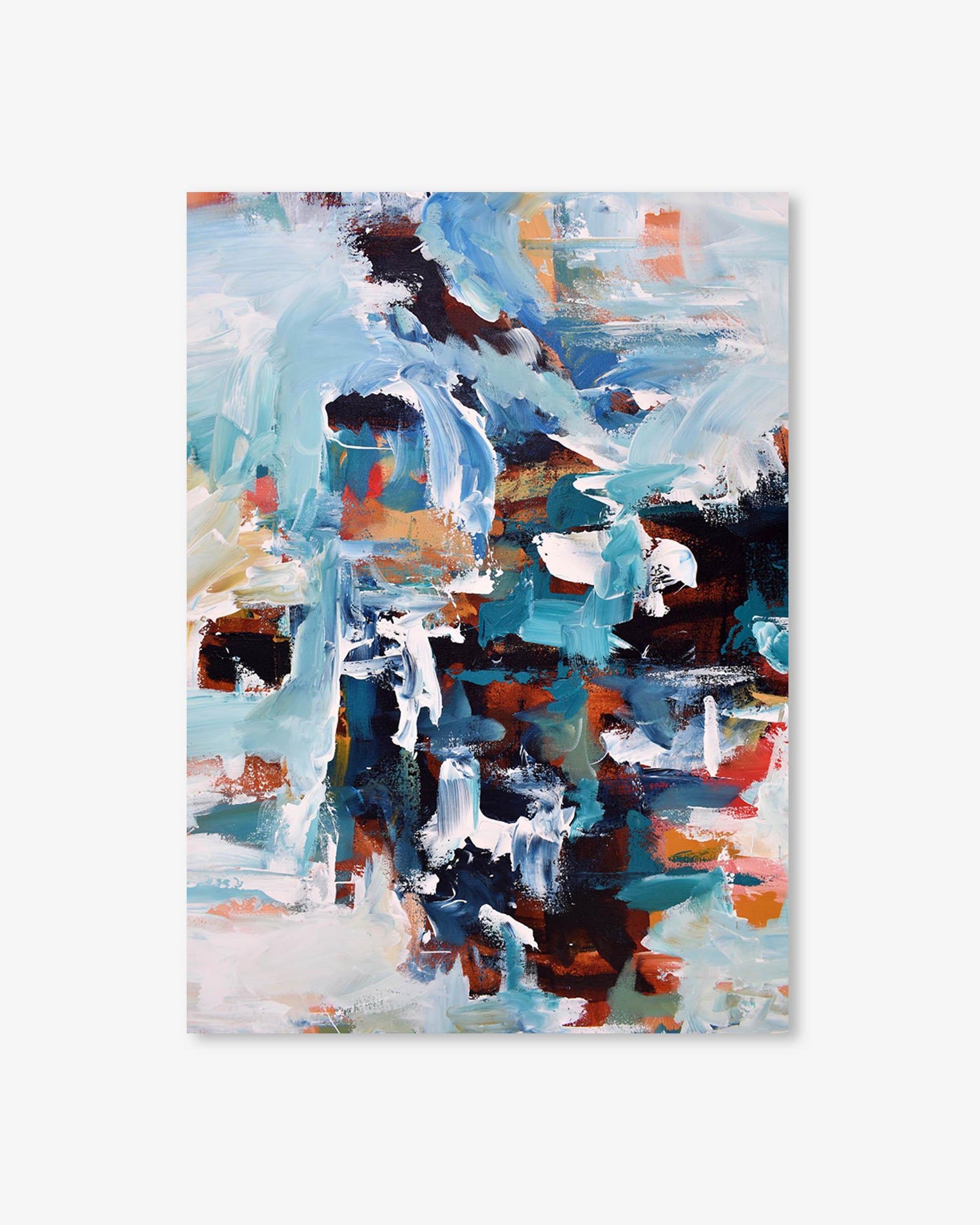 Abstract painting with a mix of blue, white, and brown colors on a white background