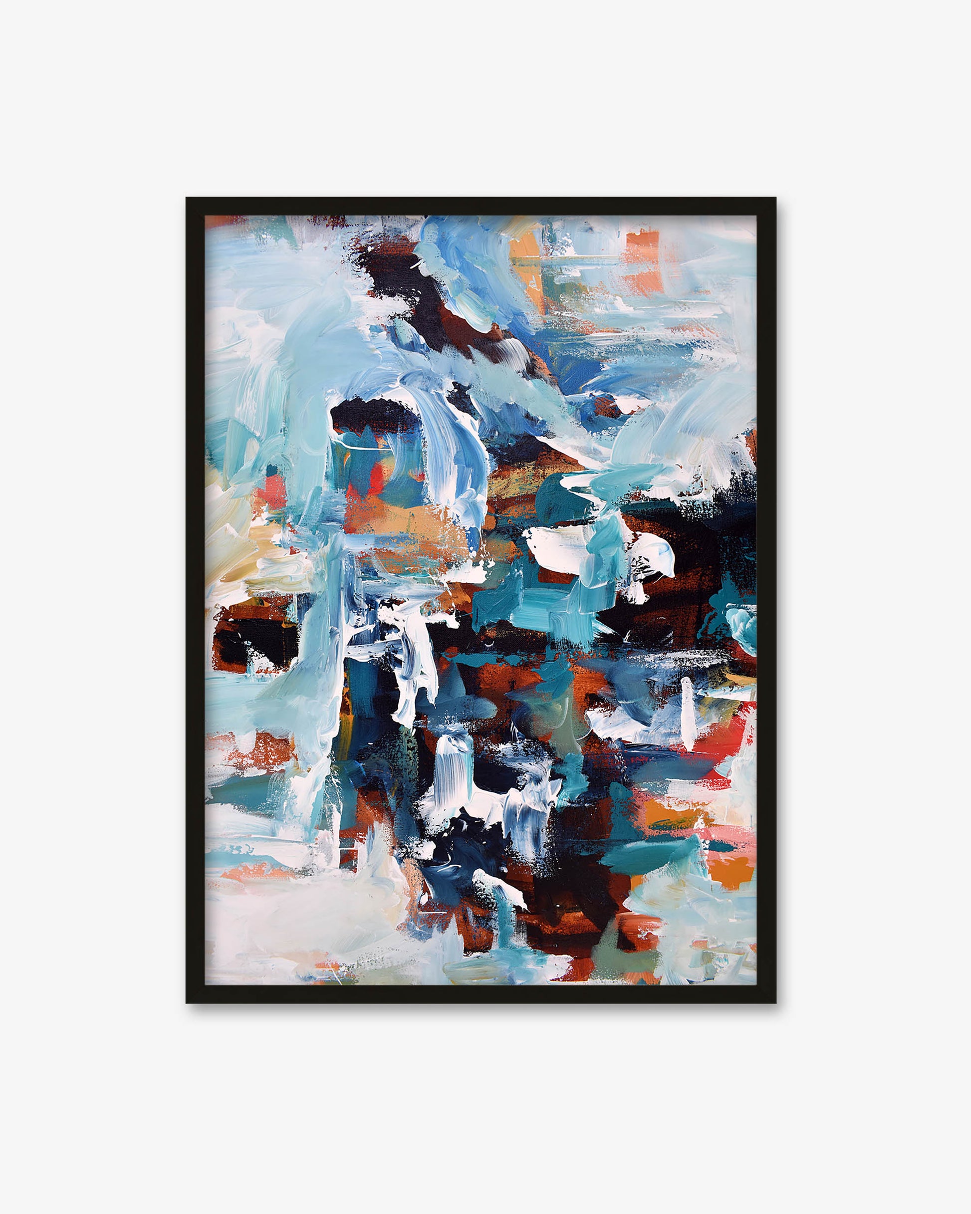 Framed abstract painting with a black frame on a white background