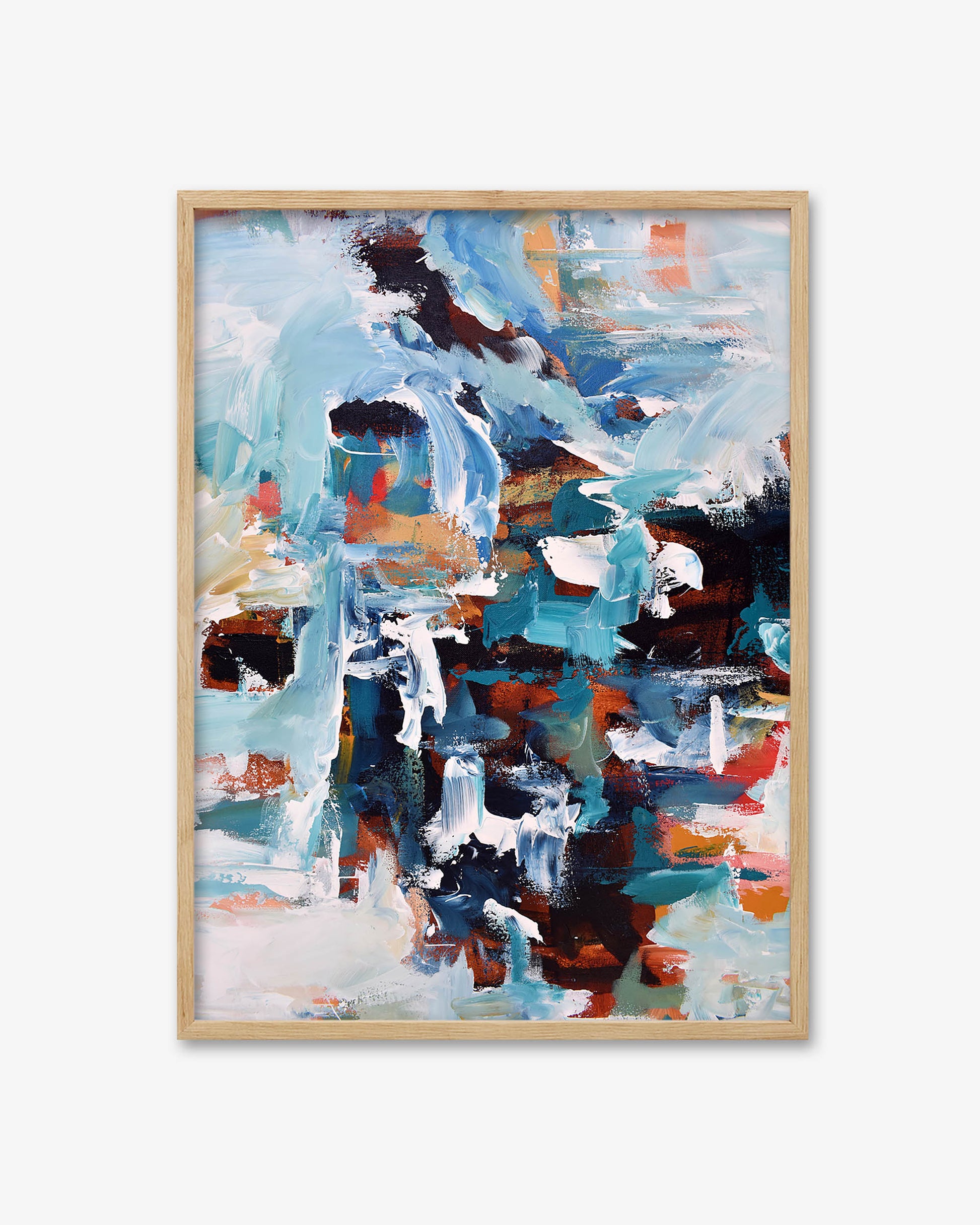 Abstract painting with a wooden frame on a white wall