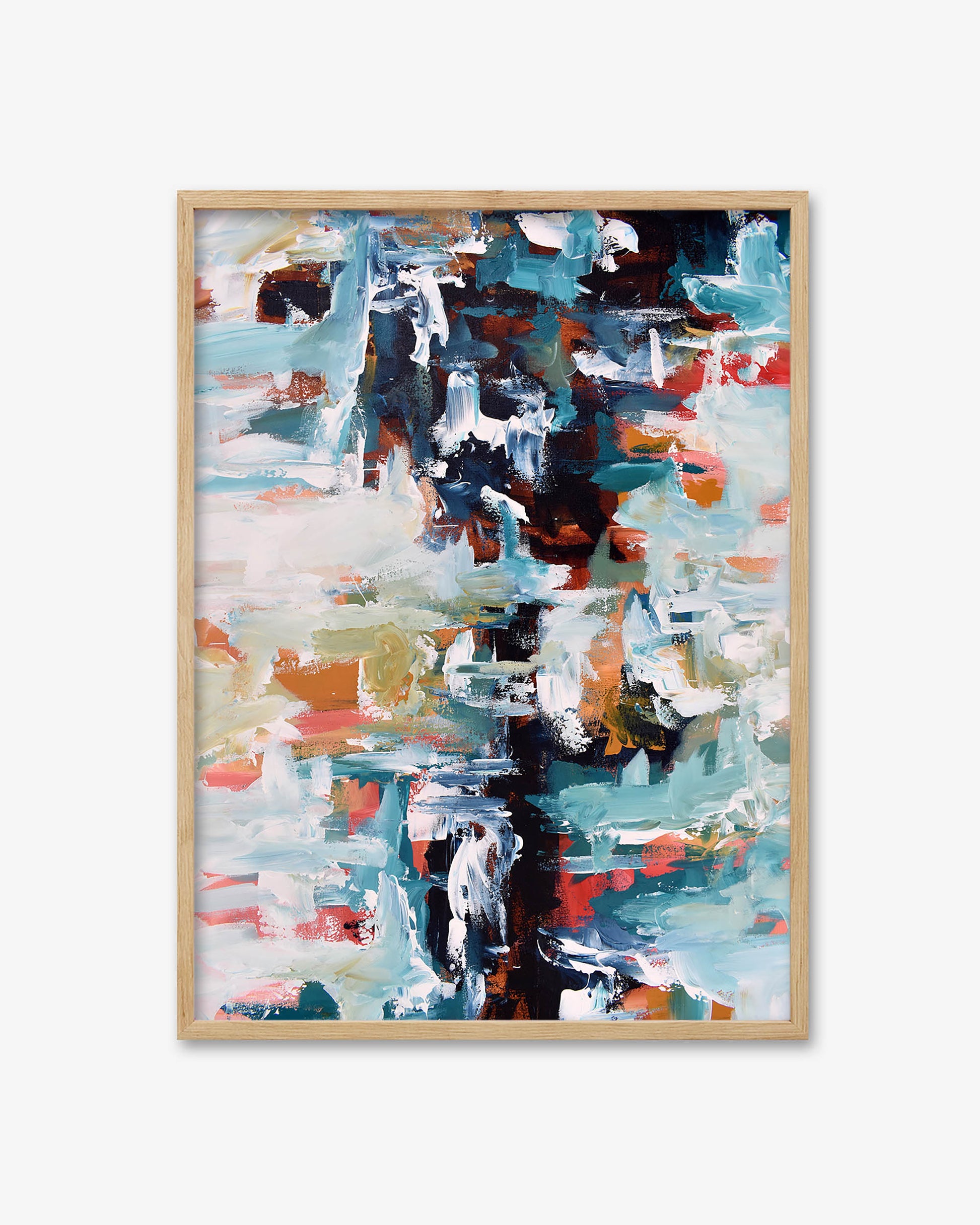 Framed abstract painting with multicolor brushstrokes on a white background