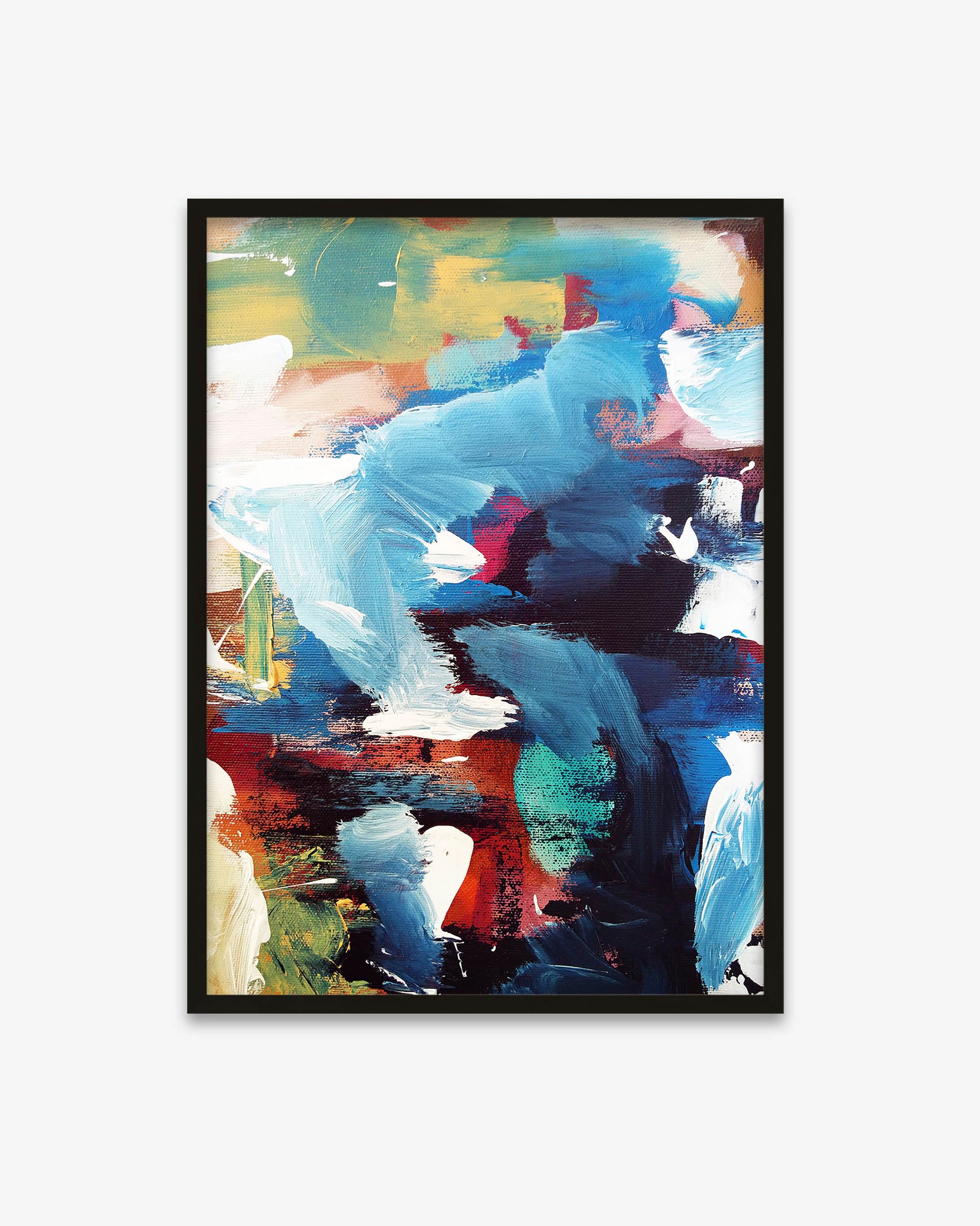 Framed abstract painting with colorful brush strokes on a white background
