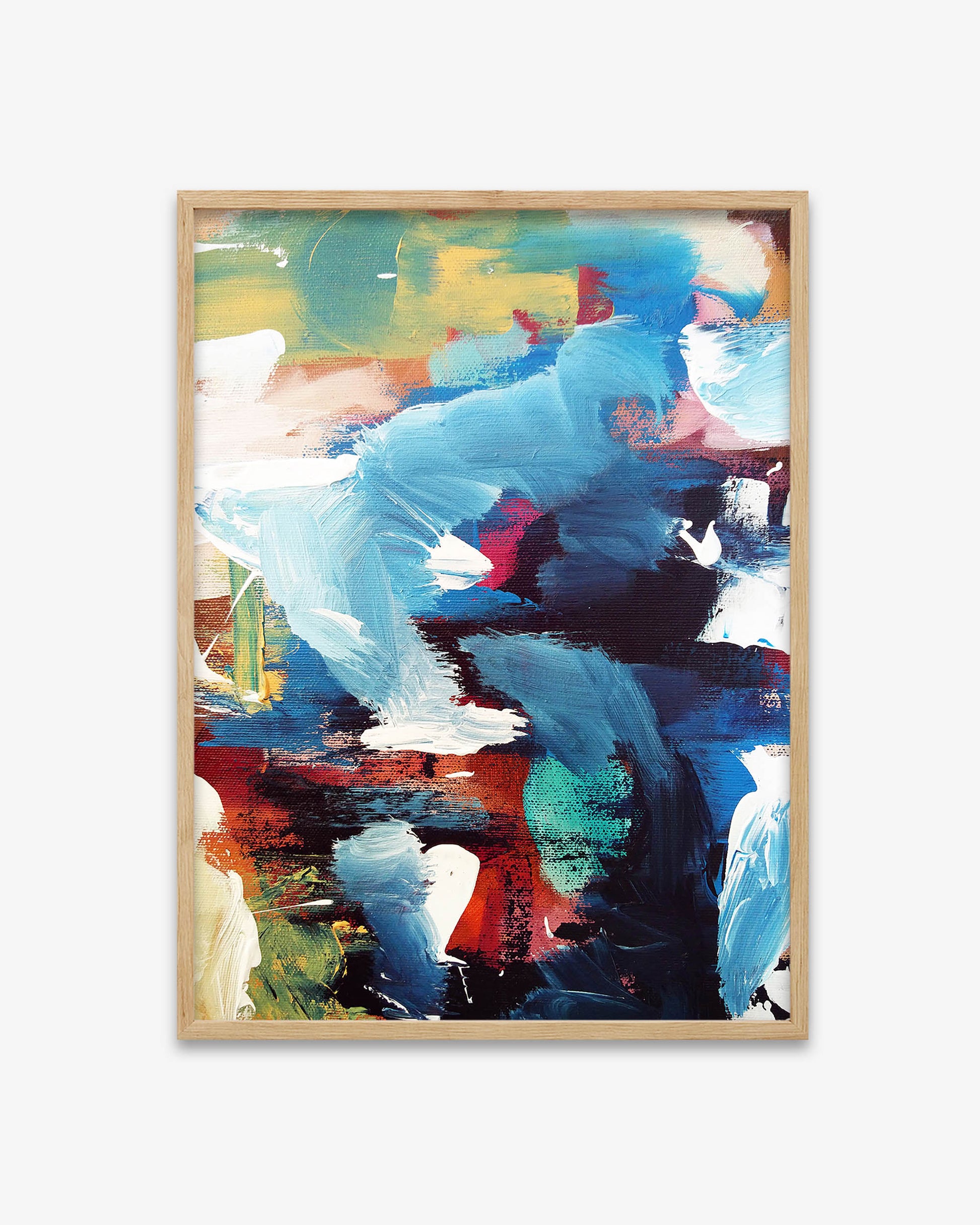 Abstract painting with vibrant colors in a wooden frame on a white background