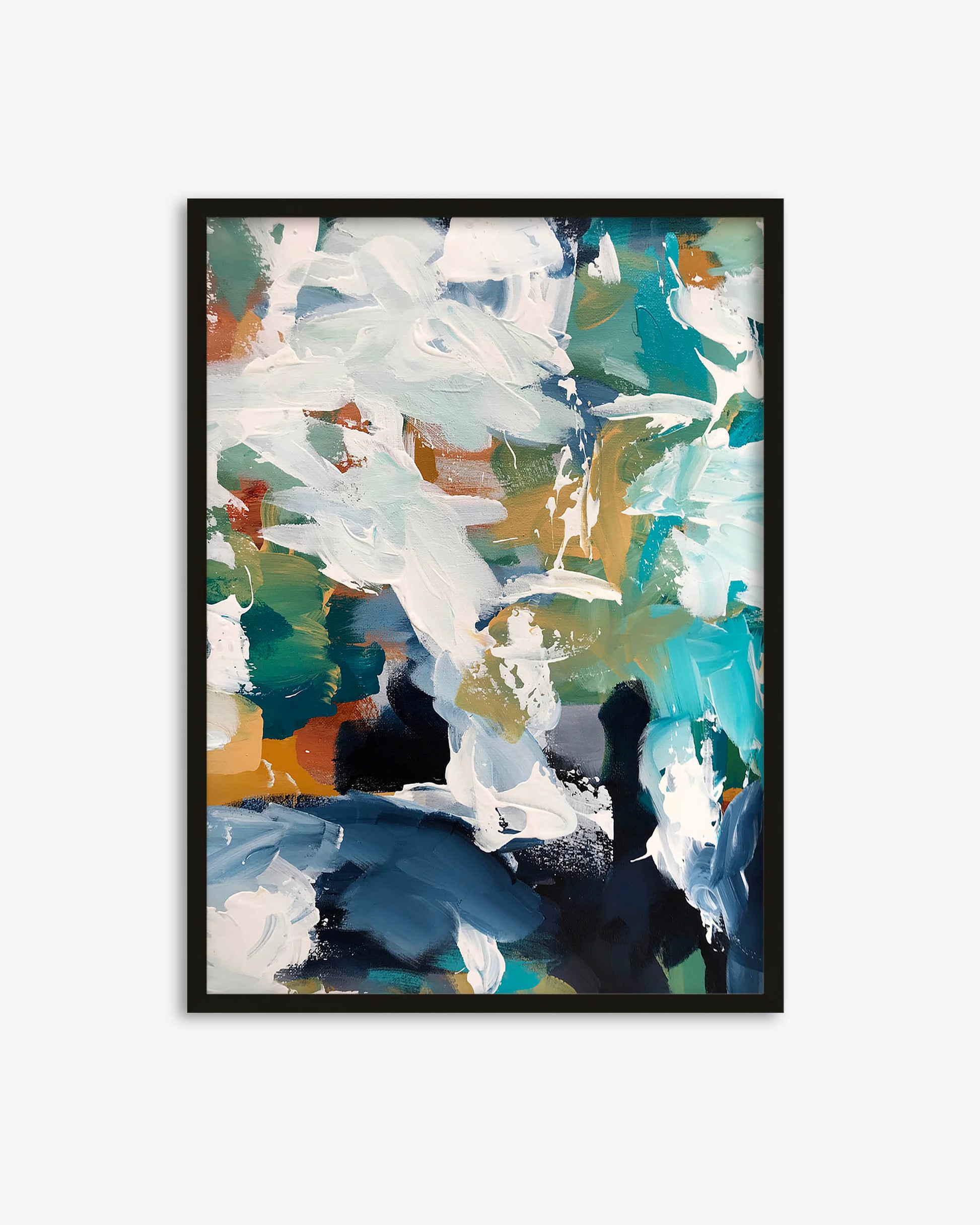 Framed abstract art with multicolored brush strokes on a white background