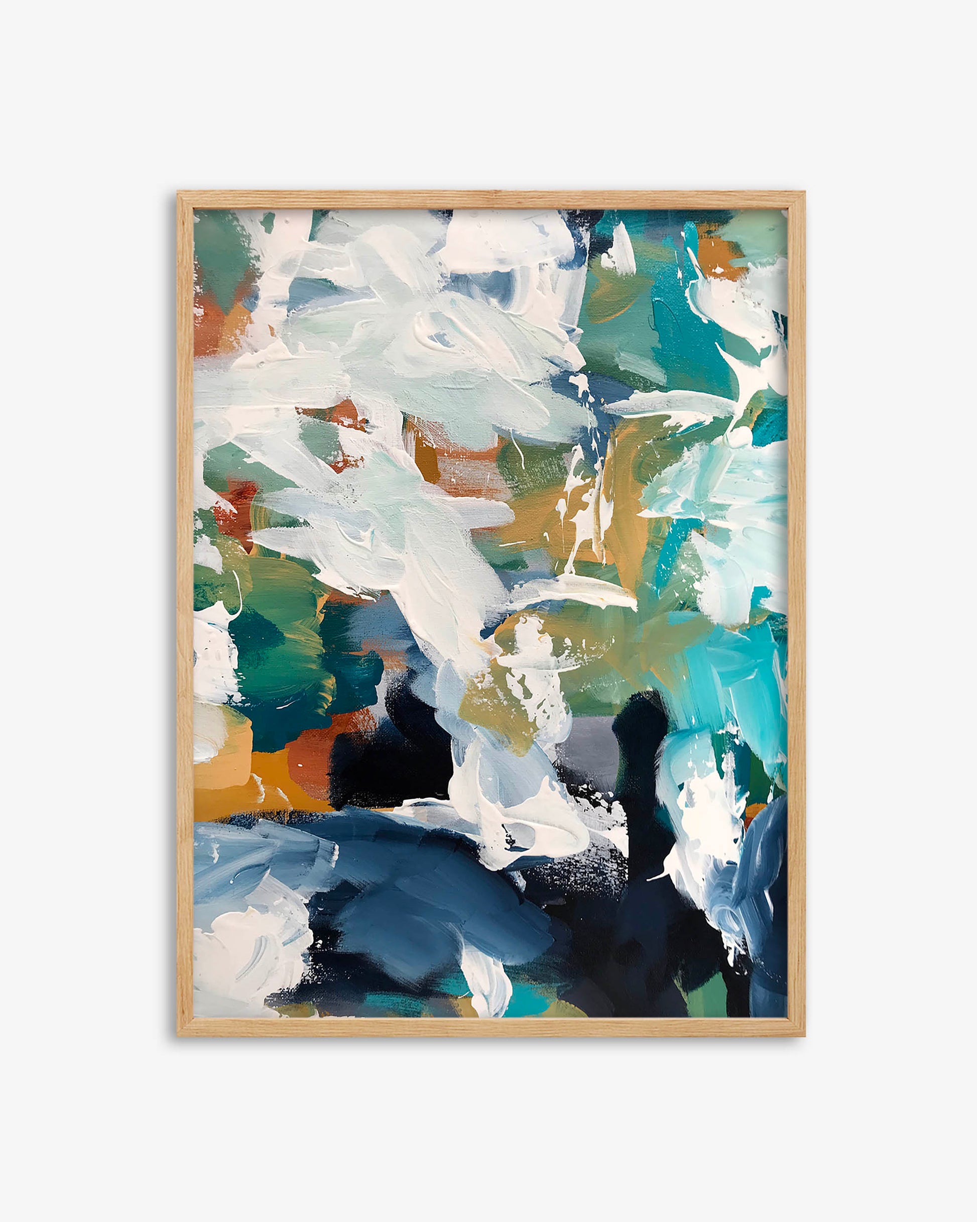 Abstract art print with a wooden frame on a white background