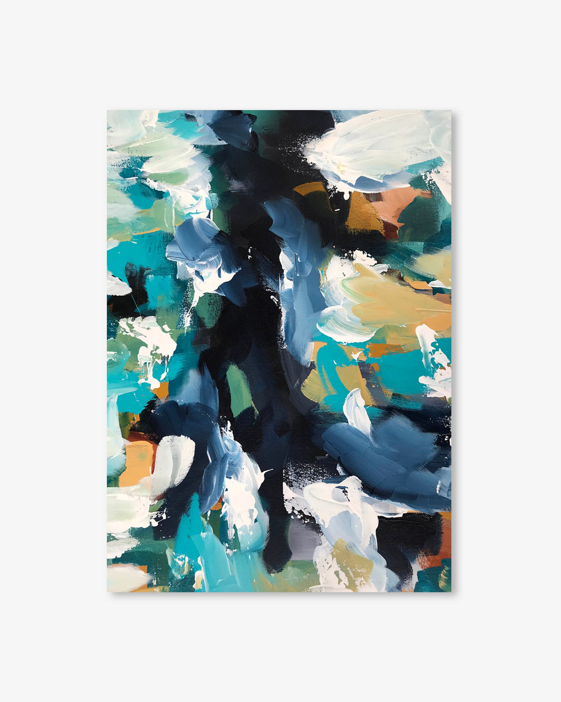 Abstract art print with a mix of blue, green, and beige colors on a white background