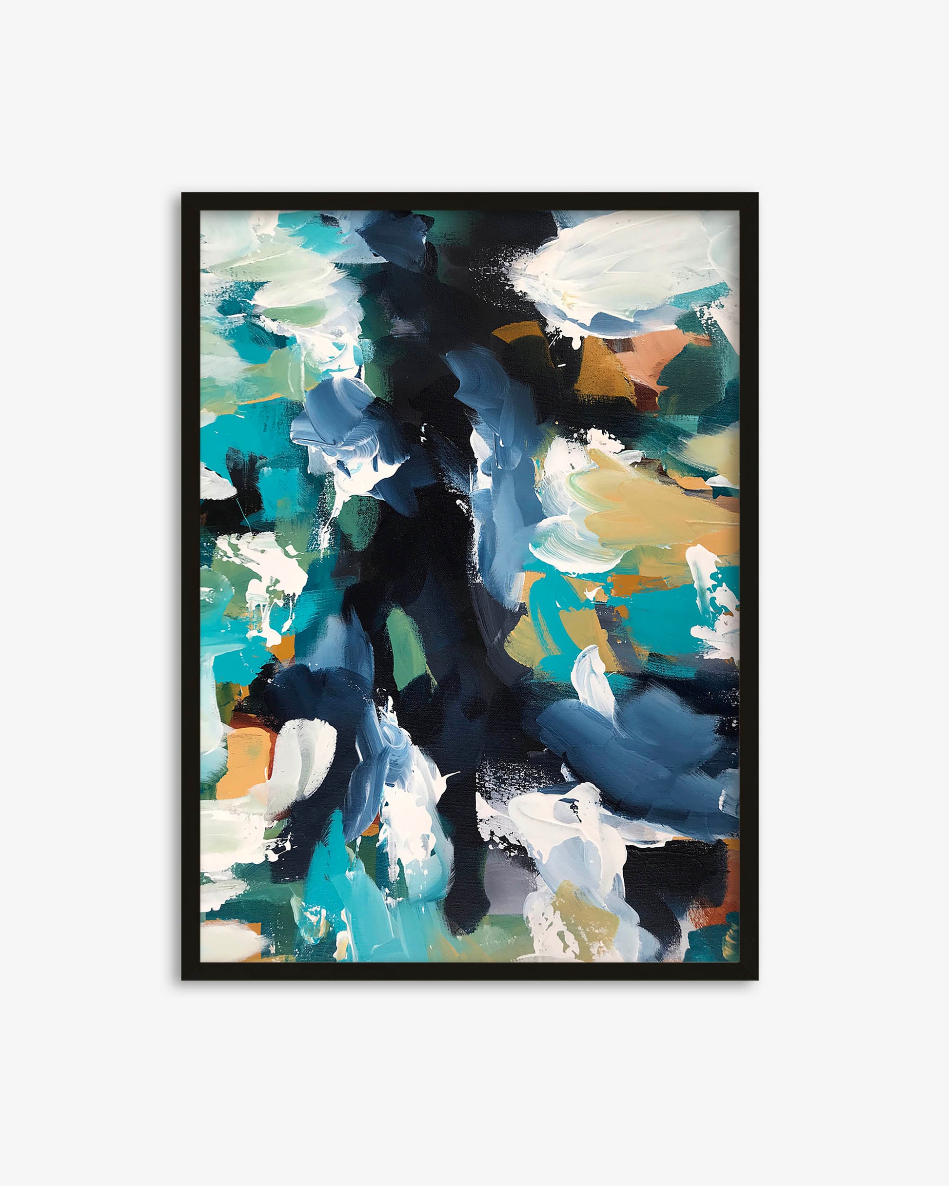 Framed abstract art print with colorful brush strokes on a white background