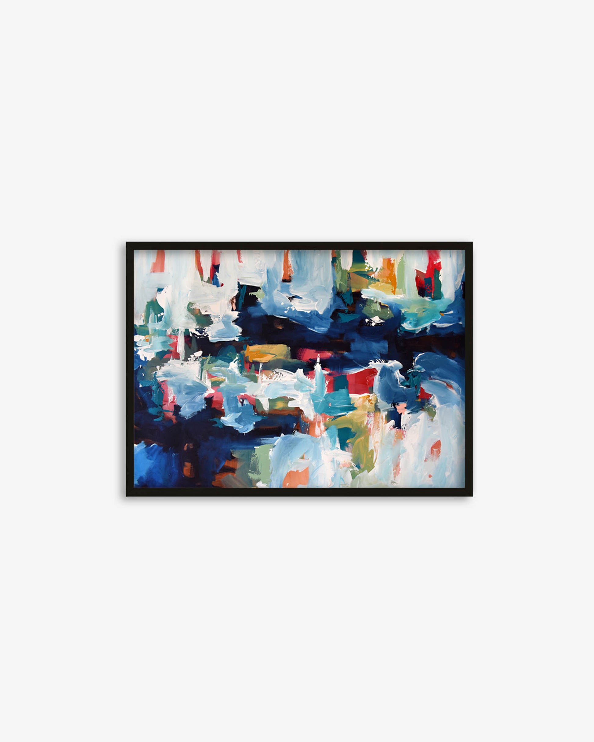Framed abstract painting with colorful brush strokes on a white background