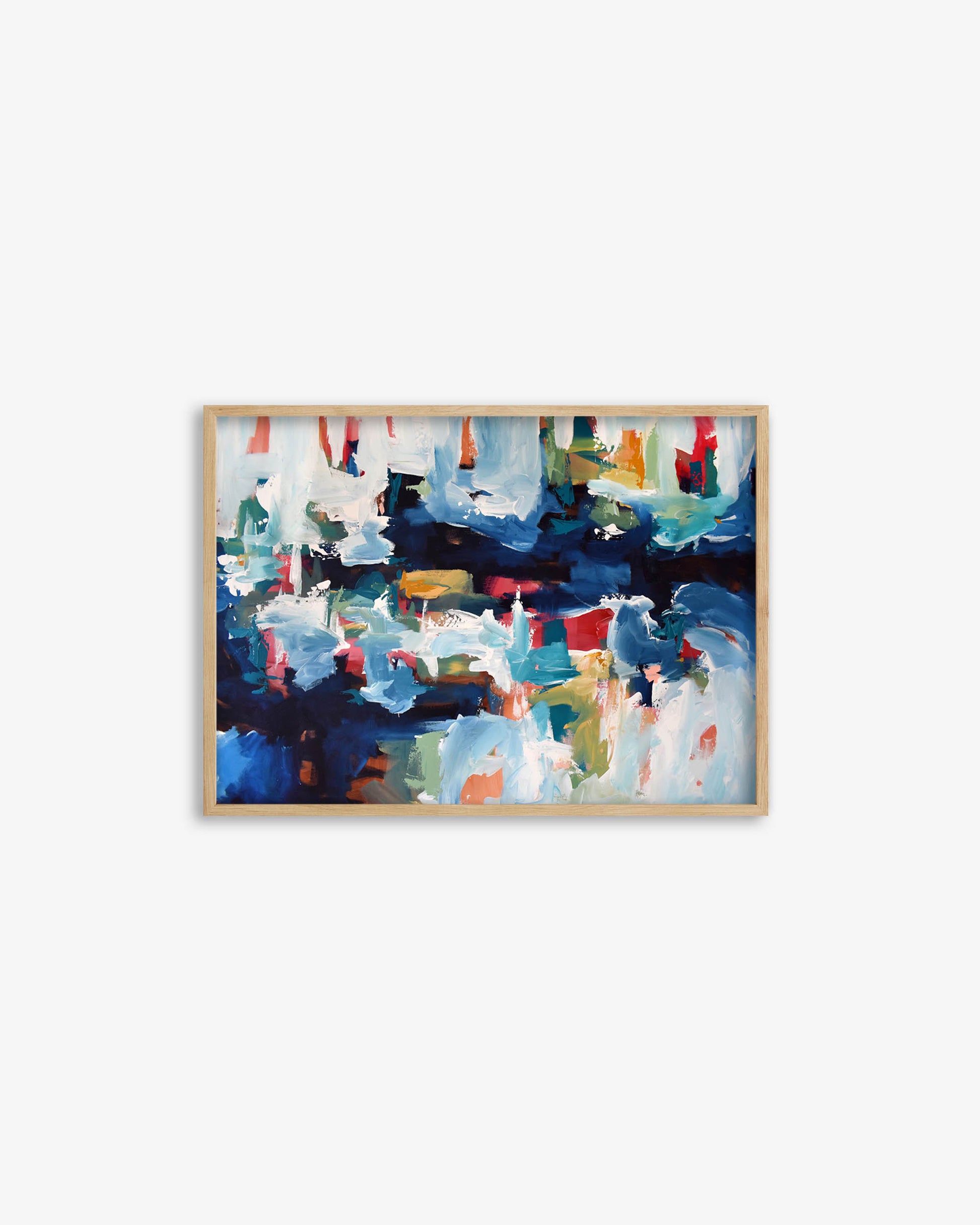 Framed abstract artwork with colorful brush strokes on a white background