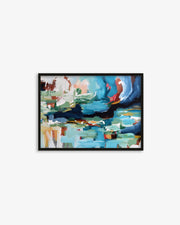 Framed abstract painting with colorful abstract design on a white background