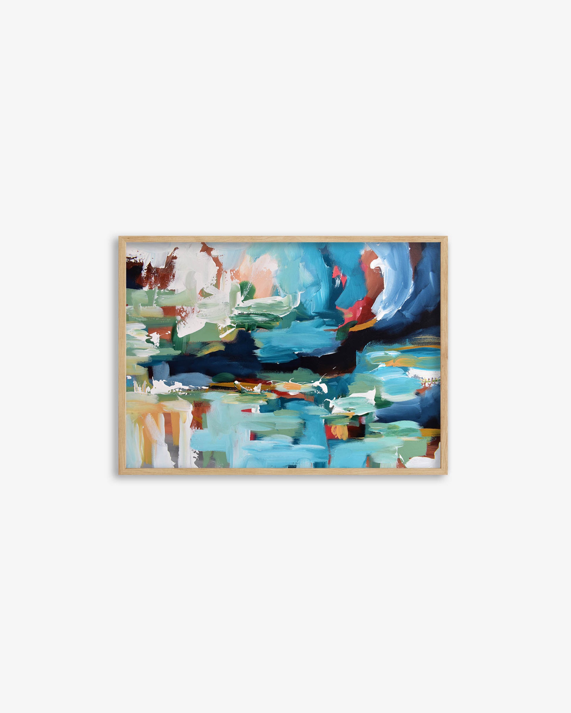 Framed abstract painting with colorful abstract design on a white background