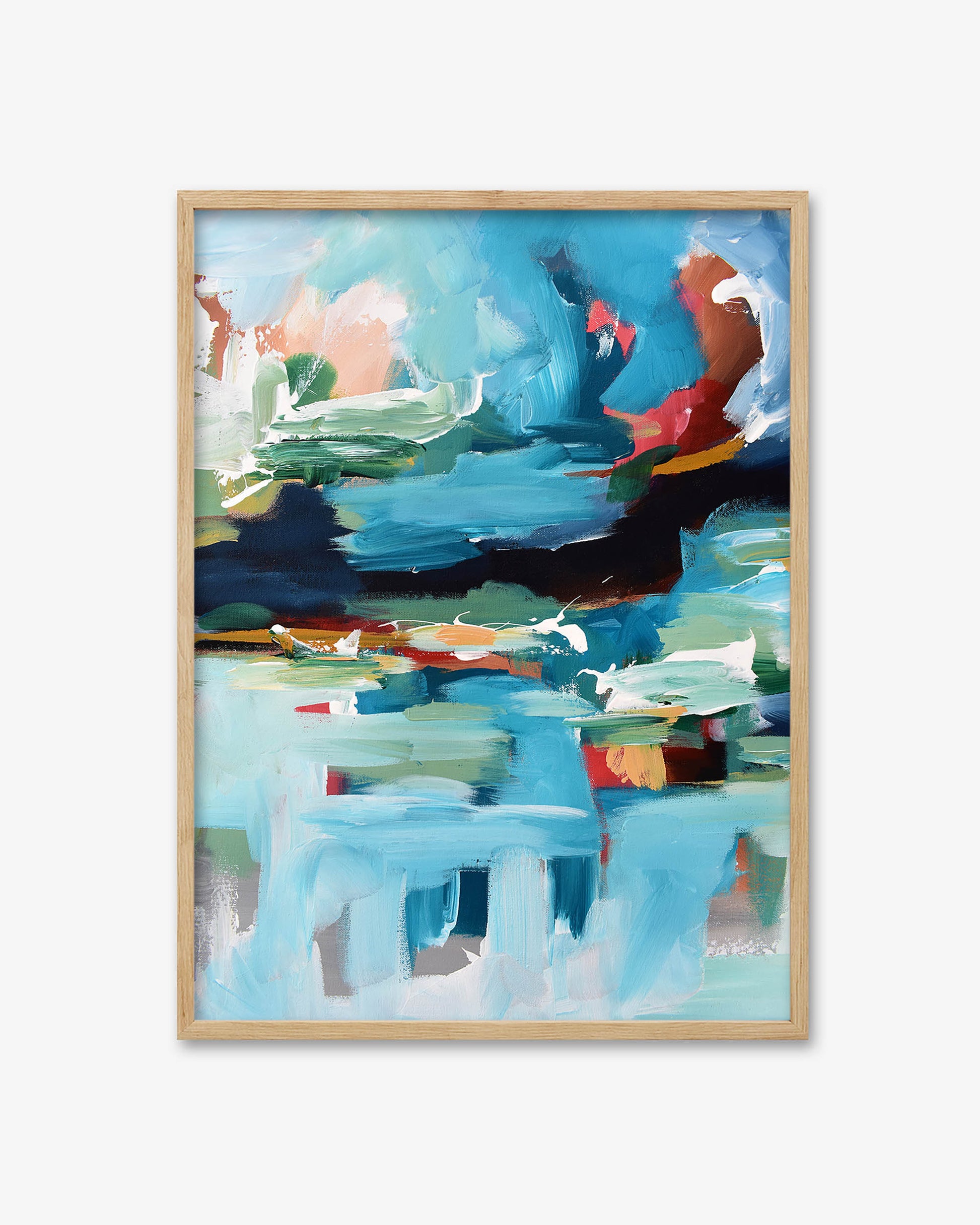 Abstract painting with vibrant colors in a wooden frame on a white background