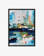 Abstract art painting with vibrant colors in a black frame on a white background