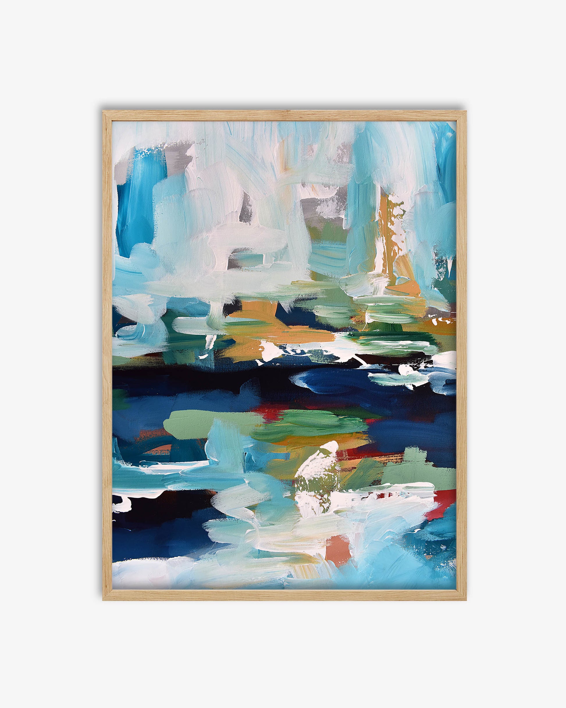 Abstract art print with colorful brush strokes in a wooden frame on a white background