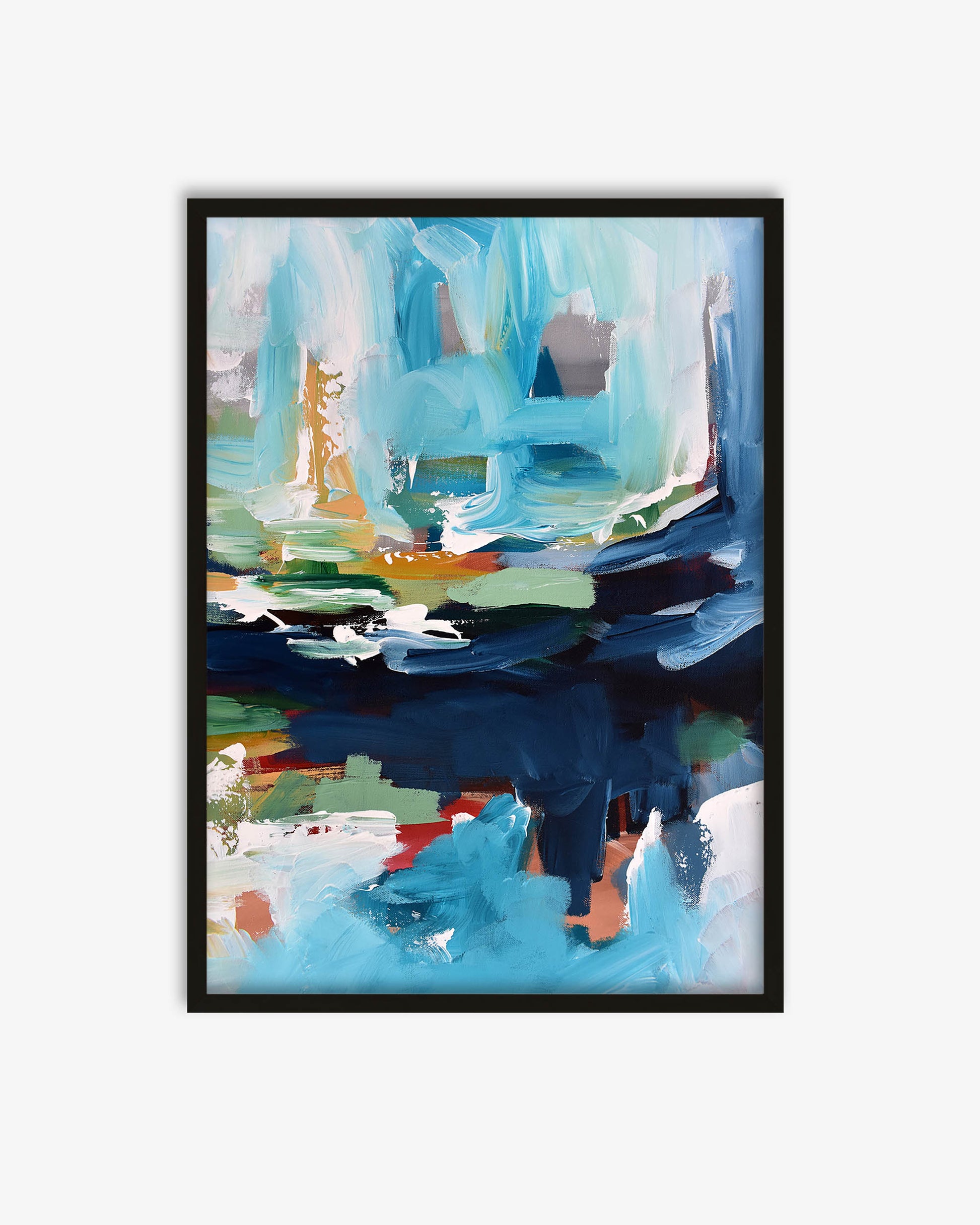 Framed abstract painting with vibrant colors on a white background