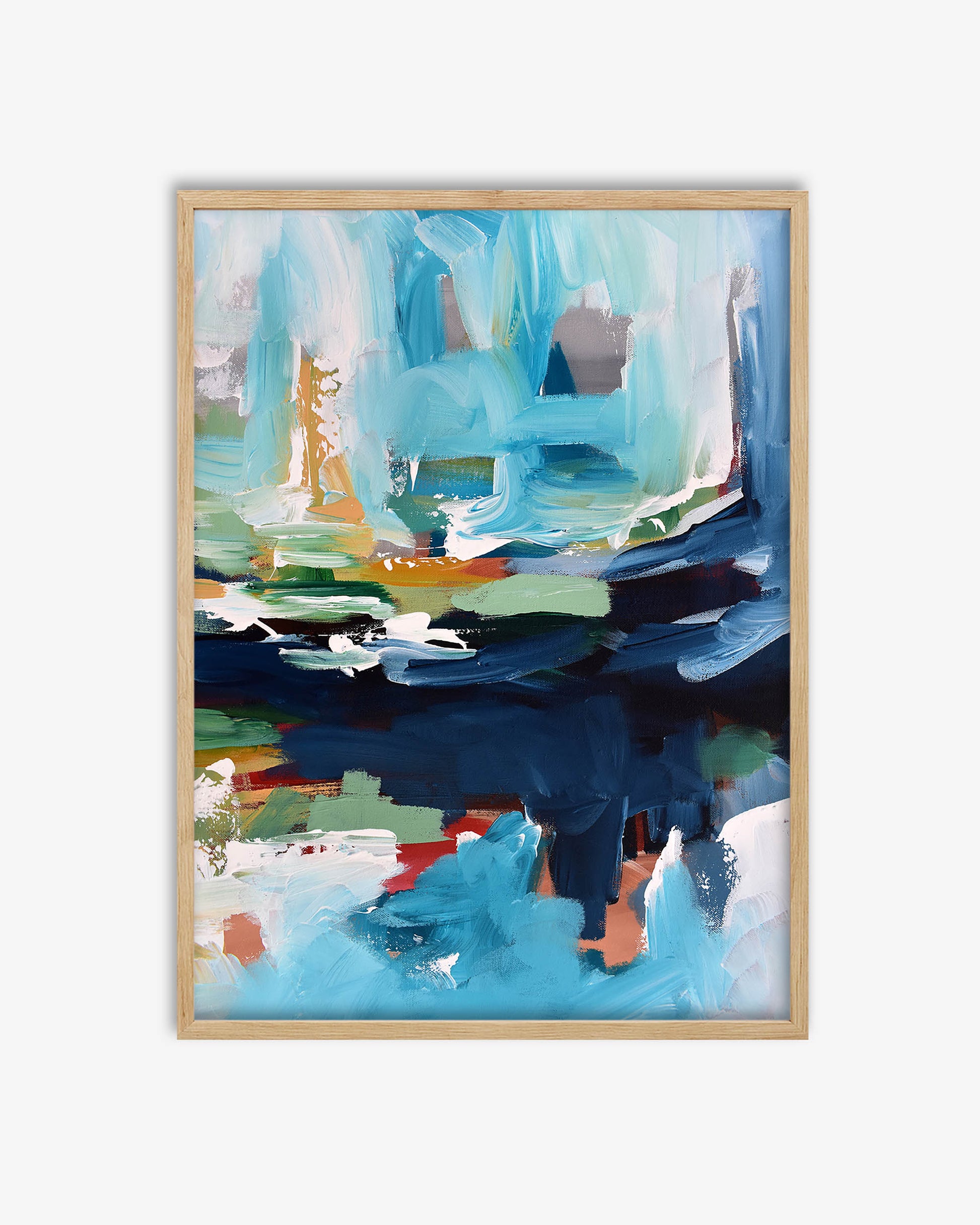 Abstract painting with blue, green, and orange colors in a wooden frame on a white background