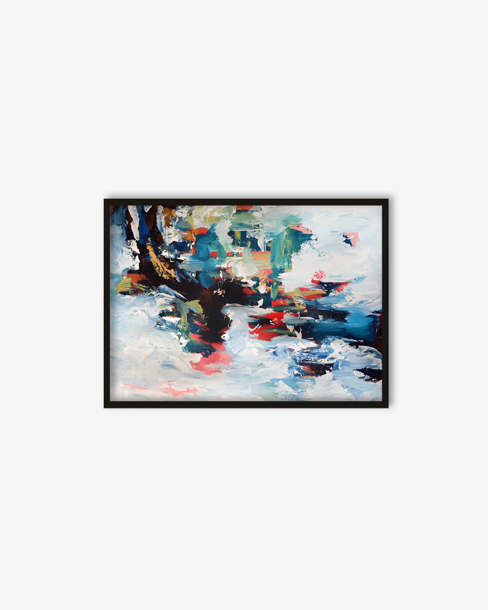Framed abstract painting with multicolors on a white wall