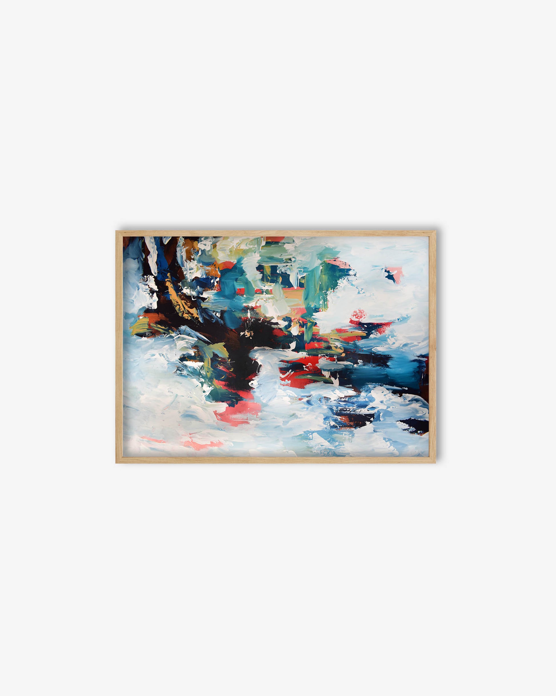 Framed abstract painting with colorful brush strokes on a white background