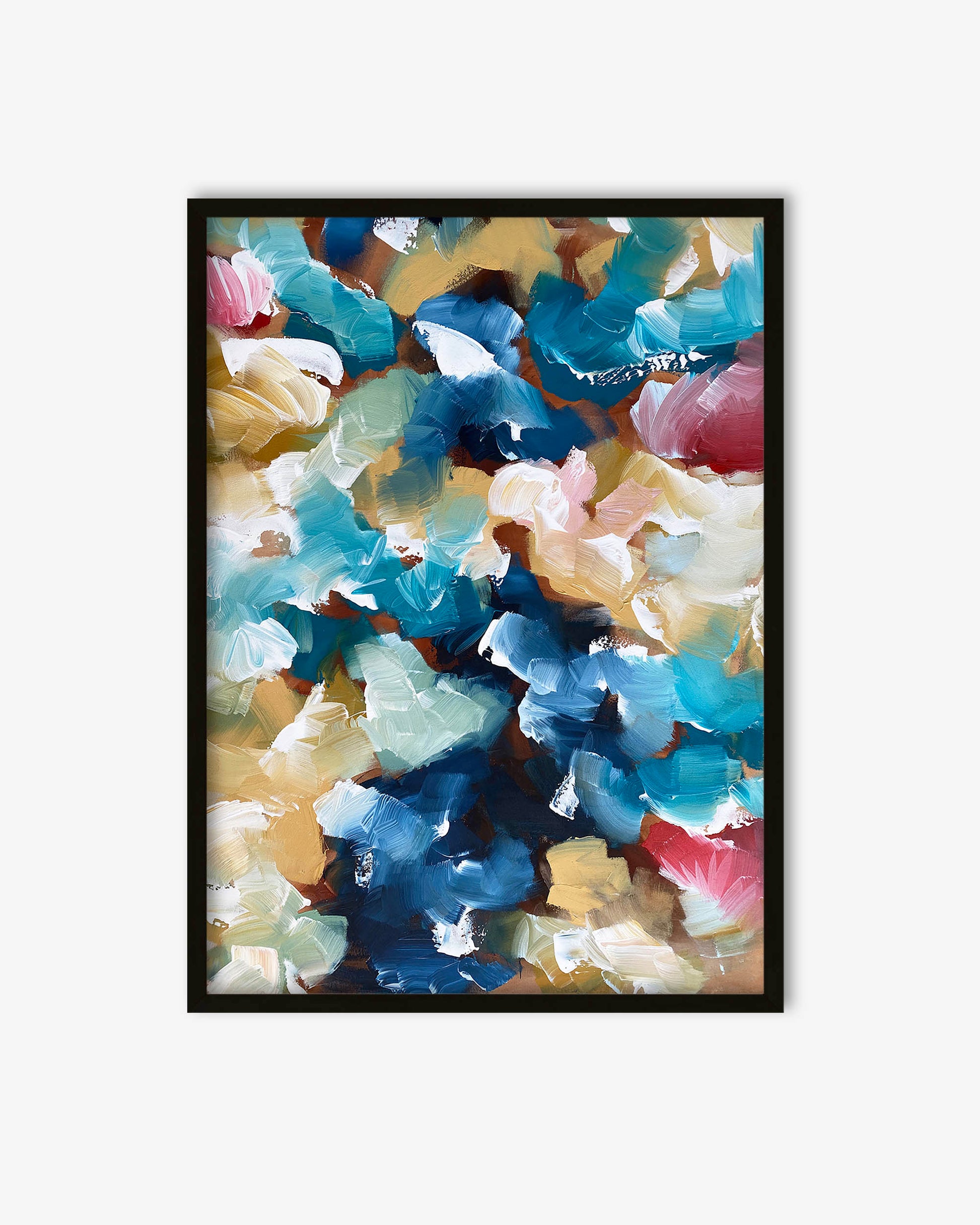 Framed abstract art with multicolored patterns on a white background