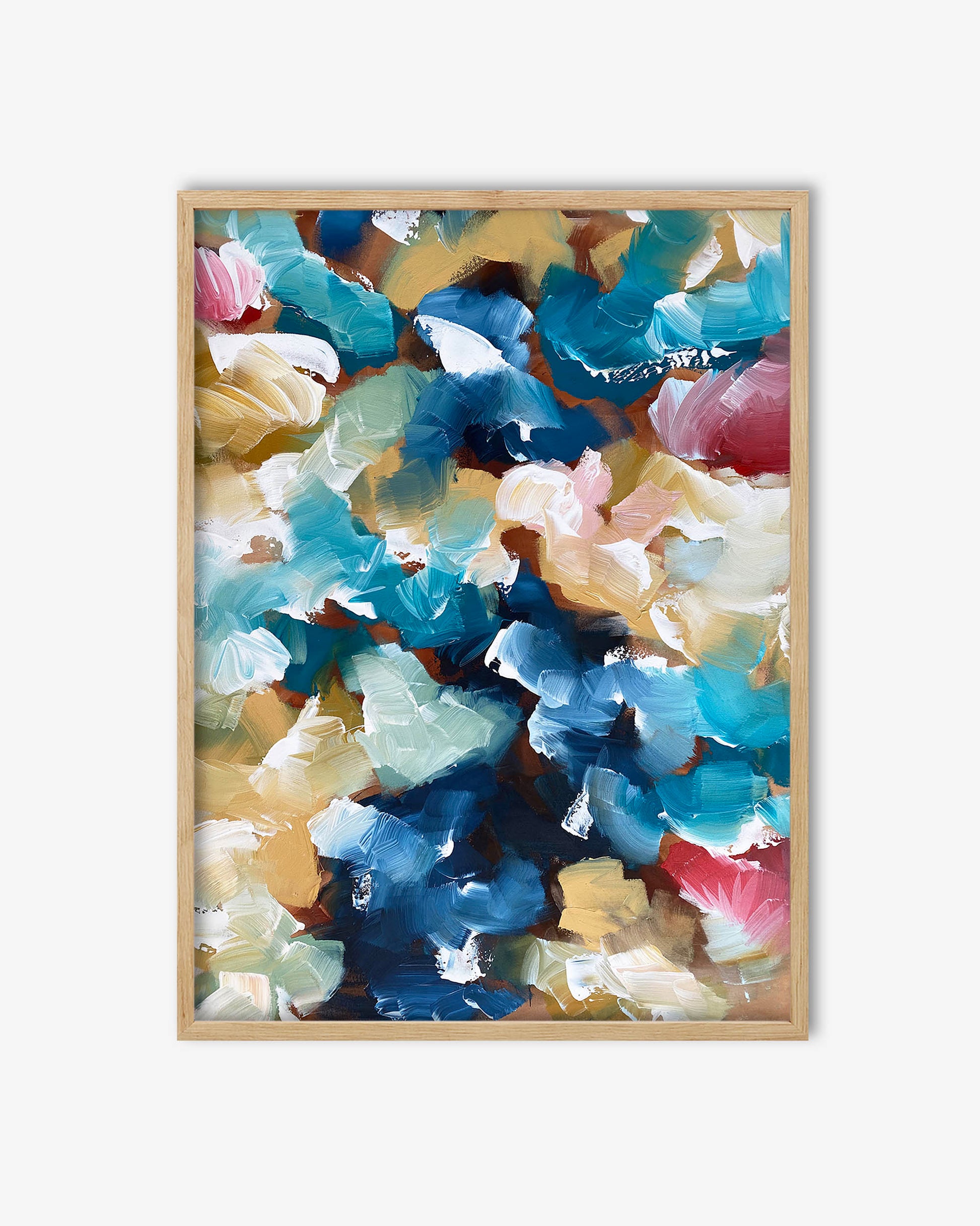 Framed abstract artwork with multicolored floral patterns on a white background